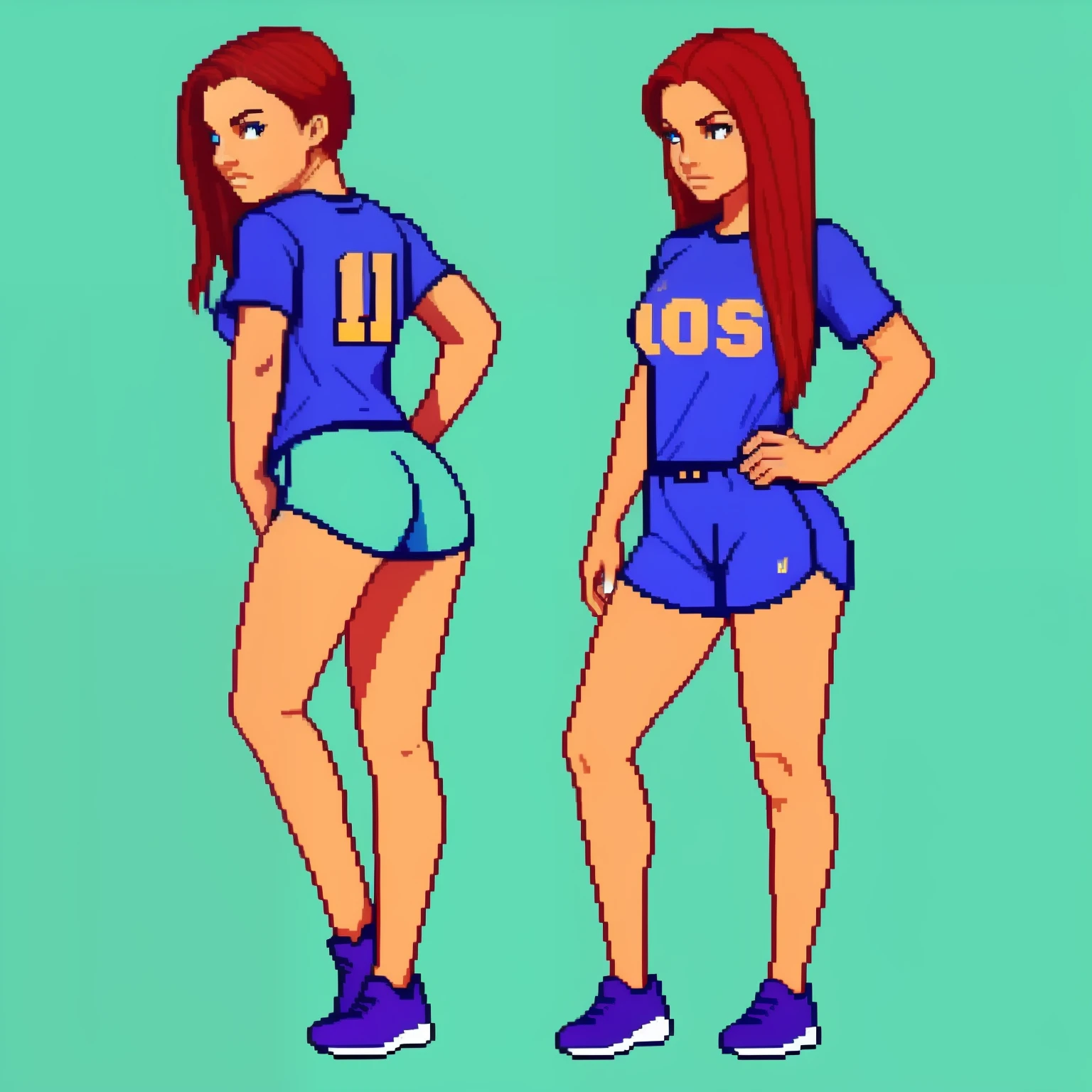 Sports Girl, red hair, redhead hair, Short sports shorts, cling, Rounded Thighs, Light red sports jersey with fox logo, Long red tail, Green eyes, Strong muscles,, Big booty, Tight butt, Strong, sweaty, pixel, hiquality, Pixel Art