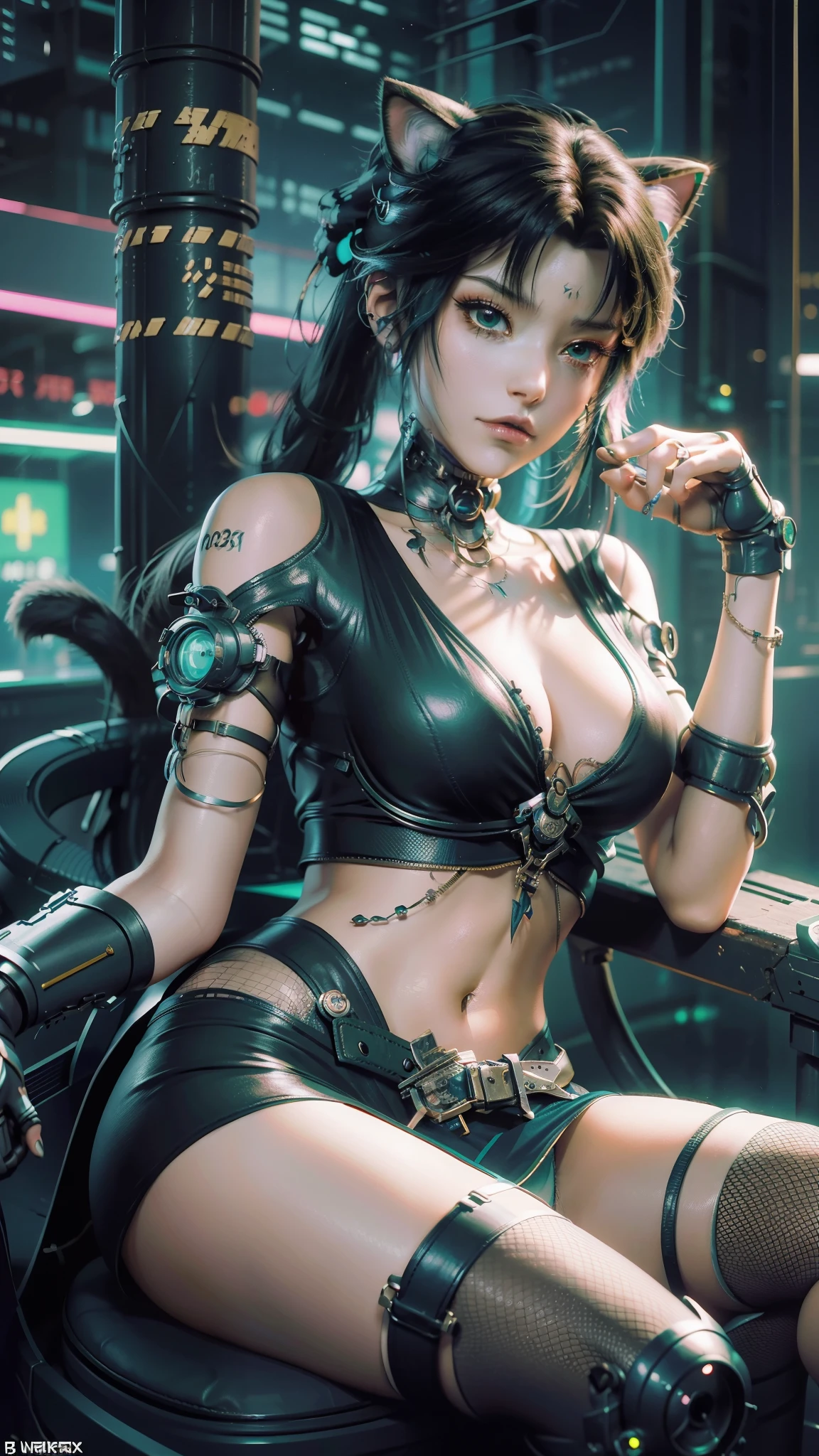 There is a woman sitting on a chair,Wearing a cat's costume, cyberpunk anime girl, female cyberpunk anime girl, cyber school girl, Cyberpunk 2 0 y. o model girl, dreamy cyberpunk girl, Digital cyberpunk anime art, muted cyberpunk style, Cyberpunk costumes, anime cyberpunk art, trending on cgstation, cyberpunk anime girl mech, cyberpunk anime art, cyberpunk femme fatale