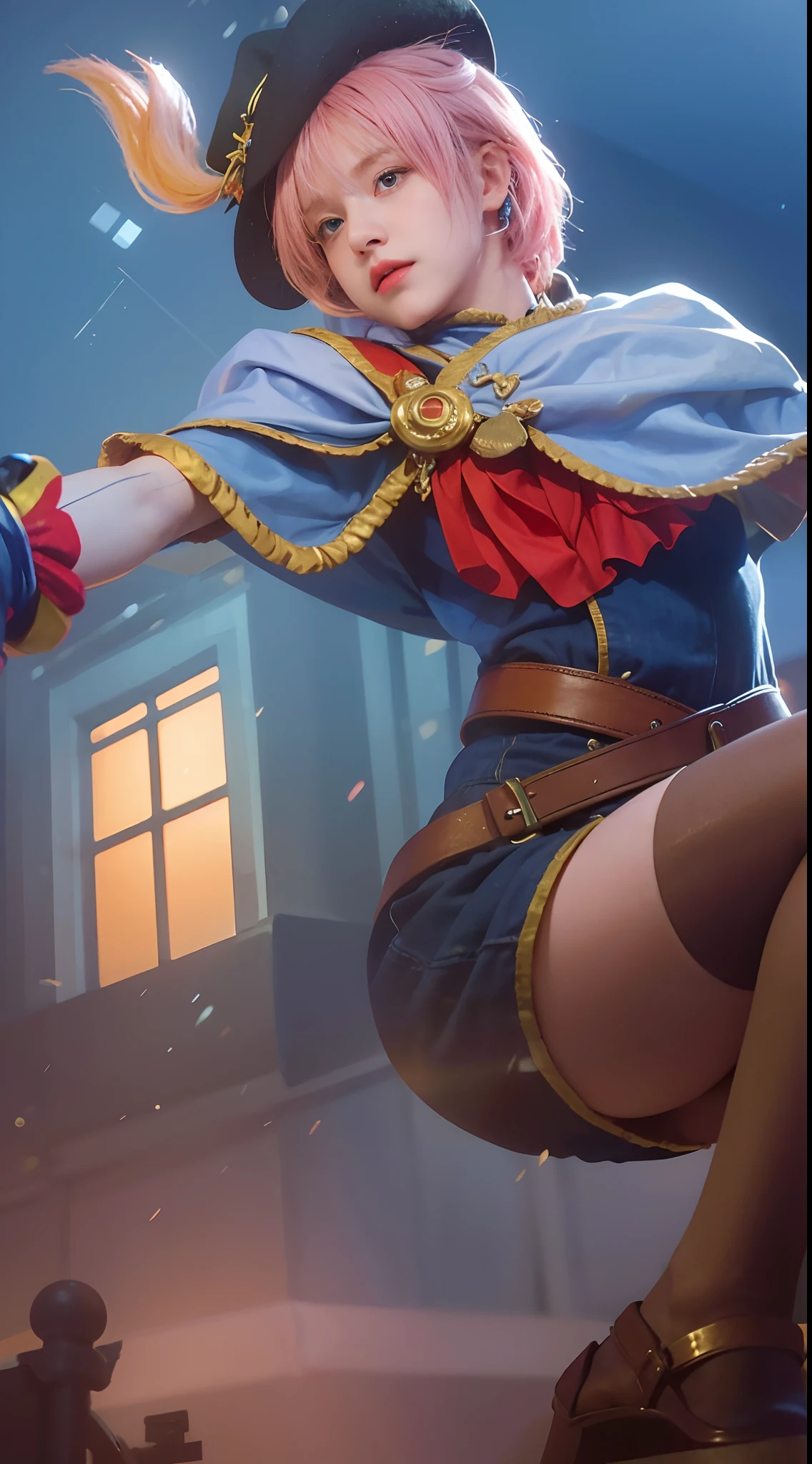 (8k, best quality, masterpiece:1.2), (realistic, photo-realistic:1.37), ultra-detailed, A detailed portrait of 1 girl 21 year old, british girl, royal outfits, holding sword, pale skin, perfect body, blue eyes, pink hair. The scene is illuminated with professional lighting, photon mapping, and radiosity, with Tetsuya Nomura Style. Blur bokeh effect, realistic light.