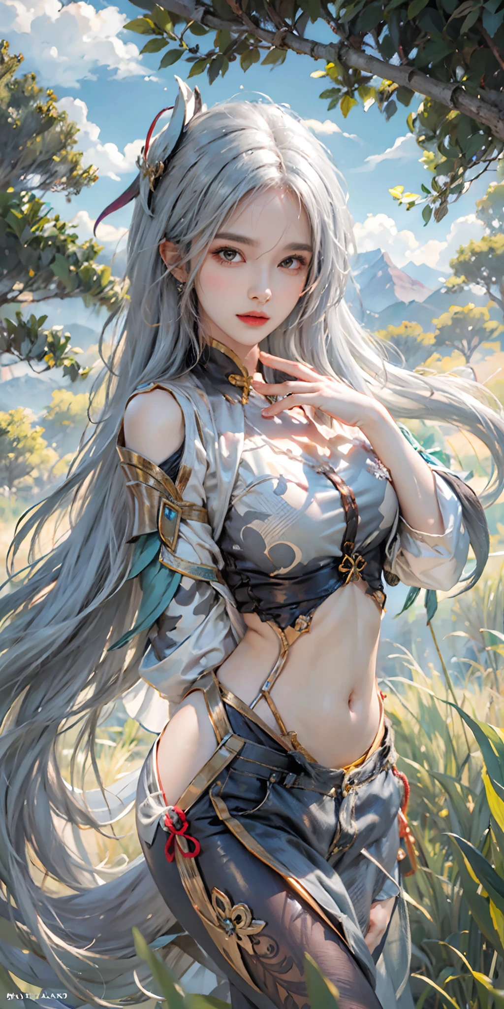 photorealistic, high resolution,masterpiece,best quality,ultra-detailed, 1women, hips up, long hair,hair_ornament,hair_between_eyes, long_hair, (silver_hair:1.2),bangs, genshin impact, shenhe \(genshin impact\), Shenhe \(genshin impact\), snow field, mountains background, Shenhe