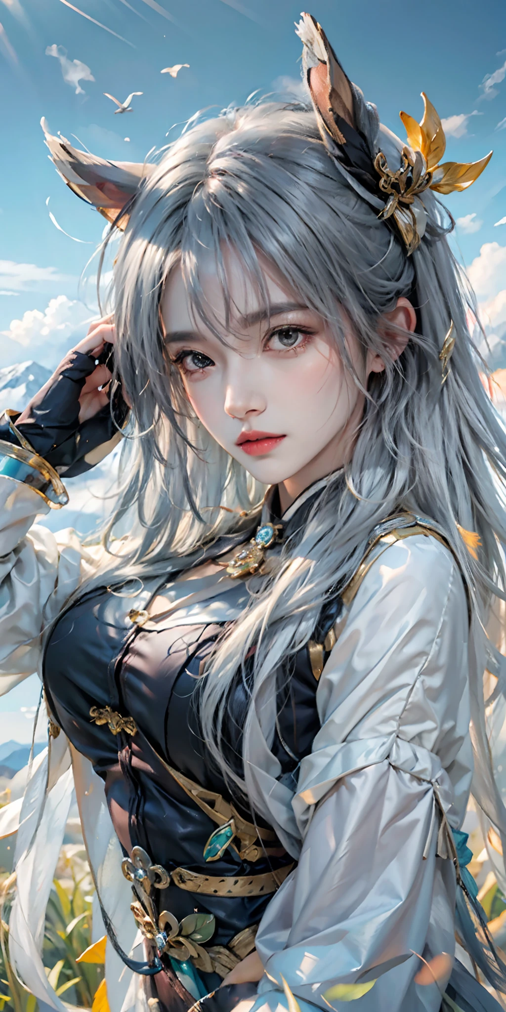 photorealistic, high resolution, soft light,1women, solo, hips up, (detailed face),tattoo, jewelry, shiny hair, long hair,hair_ornament,hair_between_eyes, long_hair, (silver_hair:1.2),bangs, genshin impact, shenhe \(genshin impact\), Shenhe \(genshin impact\), grass field, mountains background, Shenhe, character \(series\)