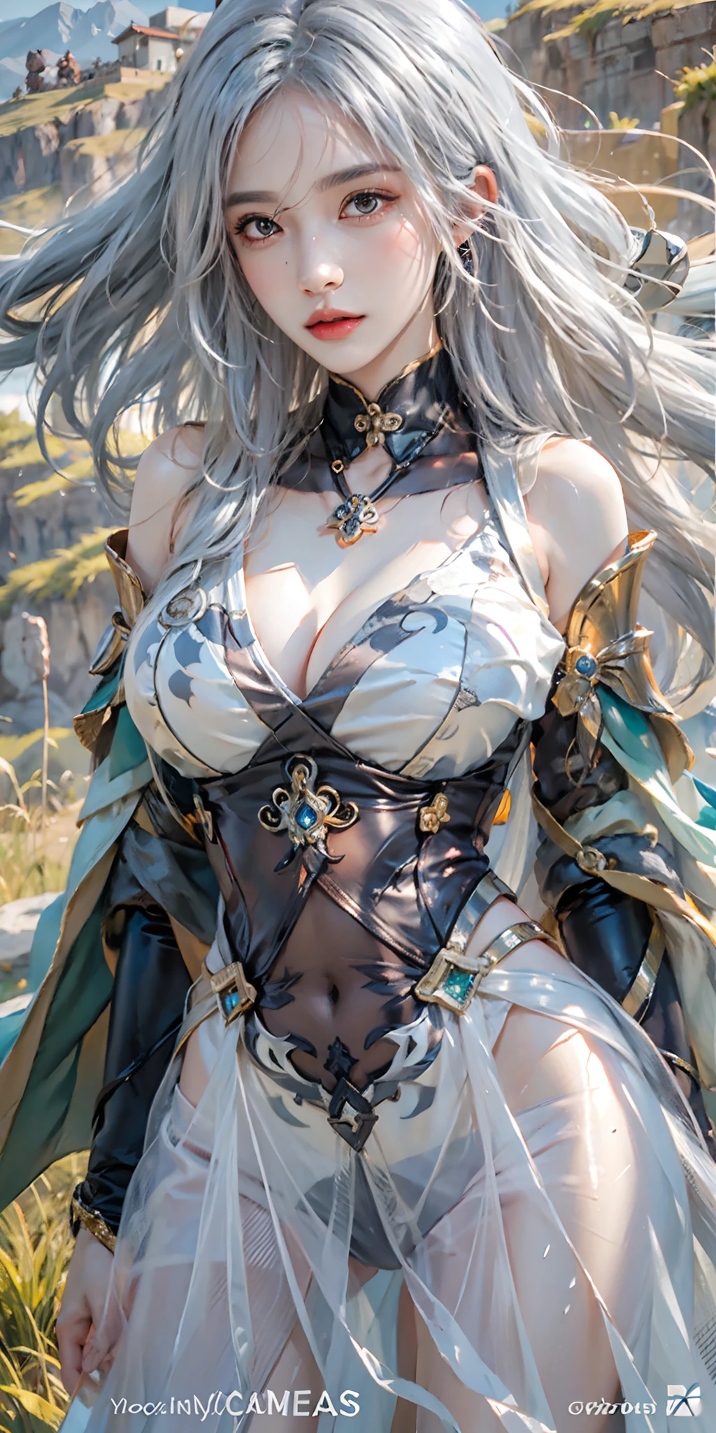 photorealistic, high resolution, soft light,1women, solo, hips up, (detailed face),tattoo, jewelry, shiny hair, long hair,hair_ornament,hair_between_eyes, long_hair, (silver_hair:1.2),bangs, genshin impact, shenhe \(genshin impact\), Shenhe \(genshin impact\), grass field, mountains background, Shenhe, character \(series\)