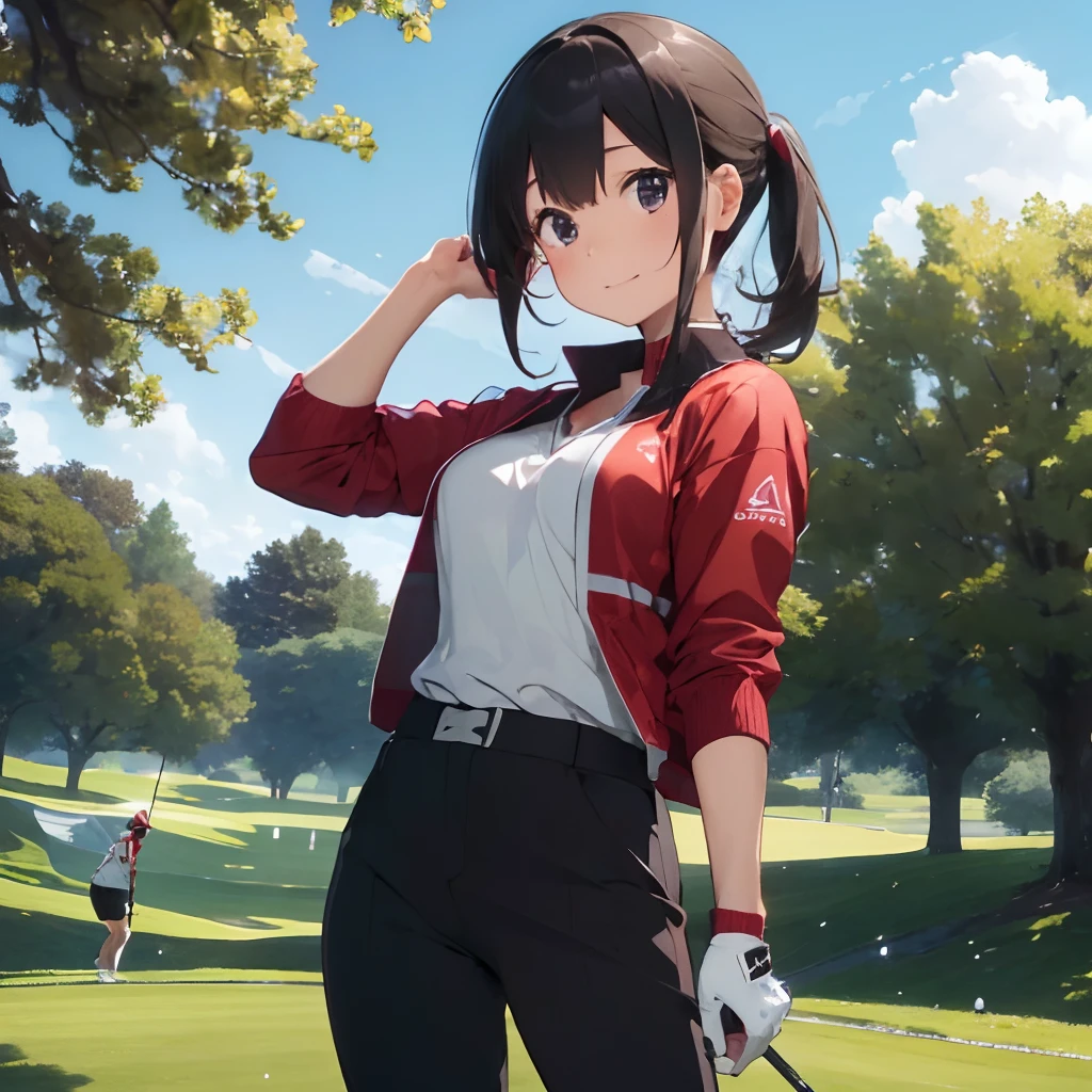 masutepiece, Best Quality, 8K_Wallpaper, (Beautiful eyes), ((Cute)), Cute, (lovely), (Golf course on a sunny day),1girl in,small tits,1 schoolgirl,Standing Girl,Smile,facial close-up、portlate(((Playing golf)))、(((I am playing golf and having a meal at the clubhouse.)))、((Golf Wear、Red jacket、Black pants))、