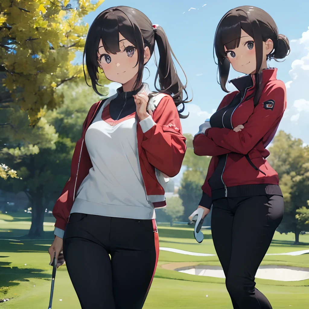 masutepiece, Best Quality, 8K_Wallpaper, (Beautiful eyes), ((Cute)), Cute, (lovely), (Golf course on a sunny day),1girl in,small tits,1 schoolgirl,Standing Girl,Smile,facial close-up、portlate(((Playing golf)))、(((I am playing golf and having a meal at the clubhouse.)))、((Golf Wear、Red jacket、Black pants))、