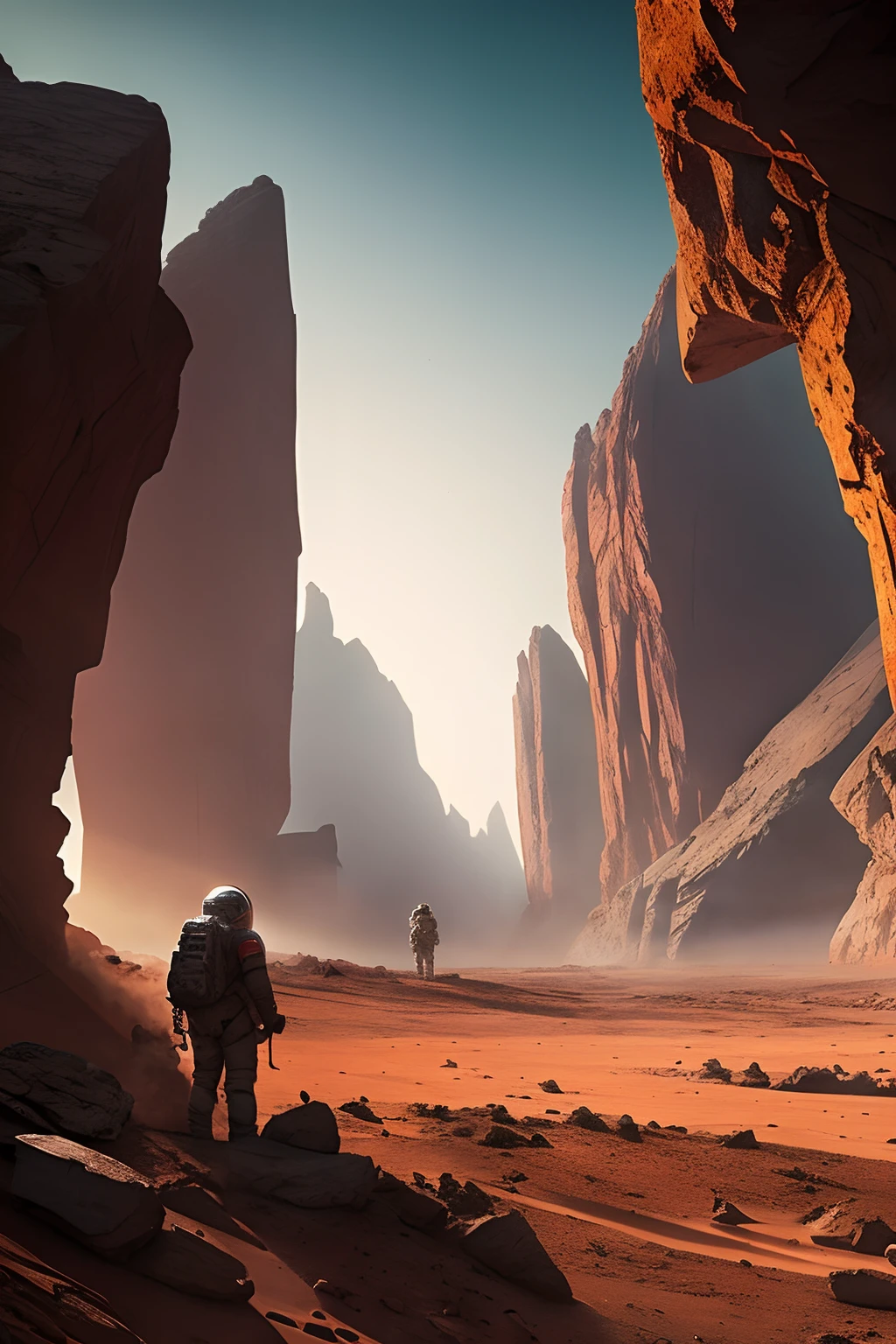 some astronauts wearing gear for space finding a Neanderthal man on a red planet at dawn of the world , long shot, low angle, art by Moebius, greg rutkowsky, vicente segrelles, with a cyberpunk style, volumetric , and a dynamic feel. photorealistic, ultra-realistic, incredibly detailed, 4K resolution, HDR, movie scene,