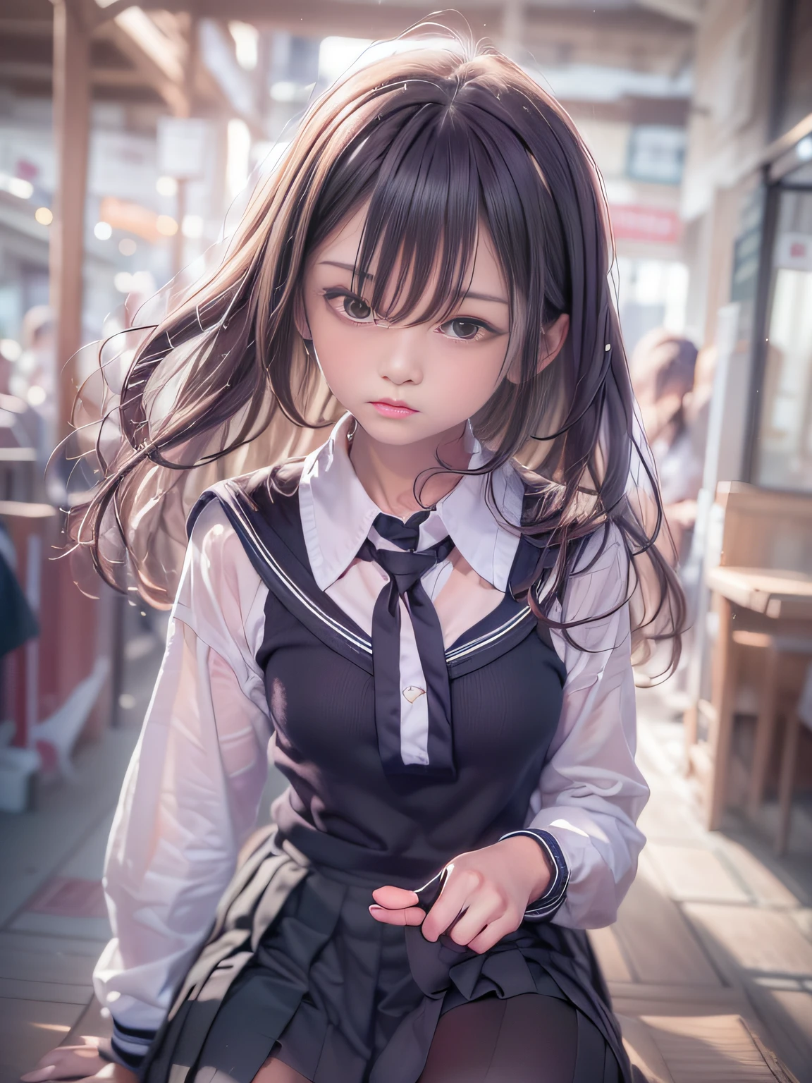 retinas, masutepiece, ccurate, Anatomically correct, Textured skin, Super Detail, high details, High quality, awardwinning, Best Quality, hight resolution, 8K，Close up portrait of girl in dress and thick shirt, loose coat collar sailor uniform, thin head,magical school student uniform, japanese girl school uniform, Cute dress, katelynn mini cute style, dressed with long fluent clothes, School uniform, magic school uniform, black and white clothes, Stylish dress, school girl in gothic dress, Black Quick, Elegant clothes,((small tits,Thin leg,skinny thigh)),slim figure,extremely detailed eye and face、beatiful detailed eyes,Beautiful skins,finely detail、smooth hair，detailed hairs，Very fine hairs，(Knee-length skirt:1.7),((skirt rift:1.6)),1girl in,small tits,Thin leg,独奏,Wearing underwear,Smaller face,realistic facial expression,(Face to feel:1.6),Enchanted,Nasty look,(o-face:1.4),Functional,milky skin,Soft lips,Raw photo,Expression in love,Shyness,Longing for love,Sex appeal in girls,The smell of sex appeal,Color makeup，Lowered eyebrows、Whitening effect，Very soft lighting，Ephemeral Girl、