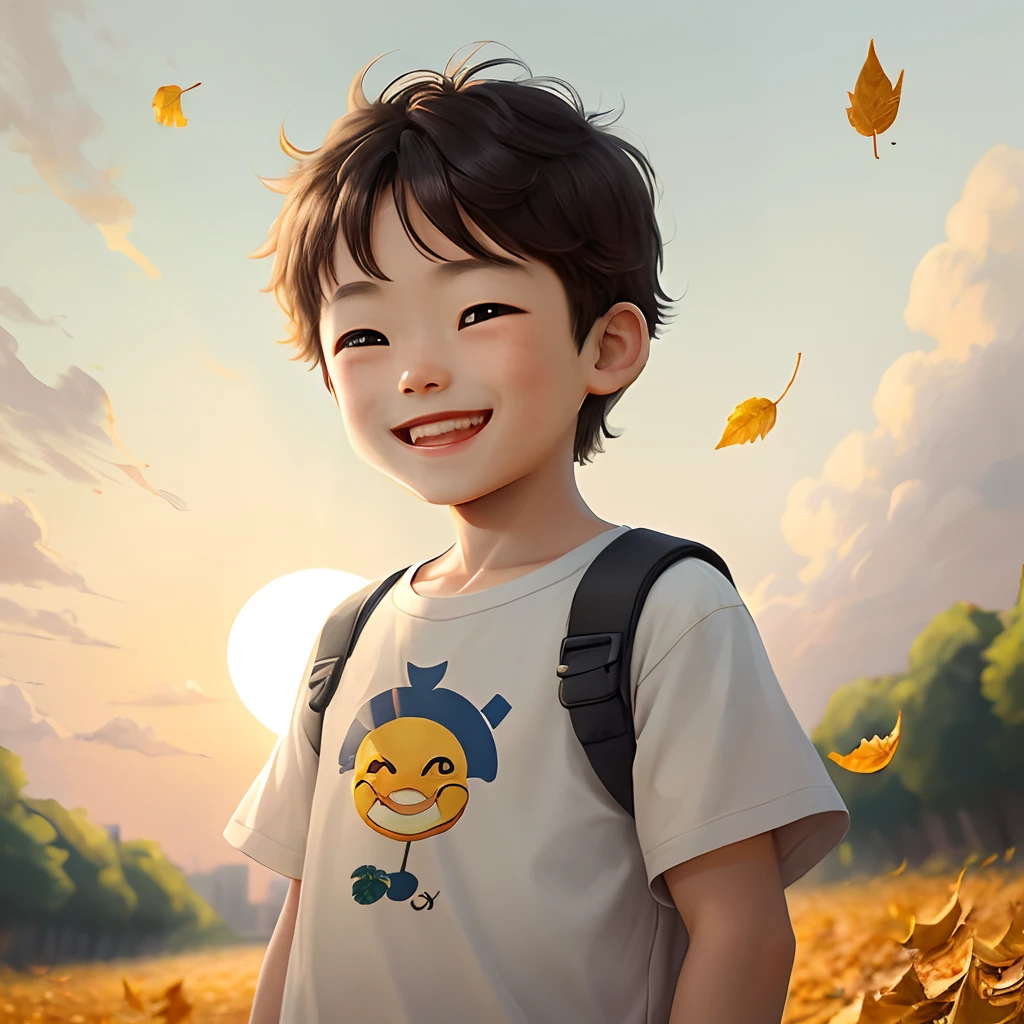 Sunny and cheerful little boy，Golden fallen leaves，the setting sun，grin，short- sleeved，Medium eyes，There are swallows on the shoulders，There is a white strip next to it