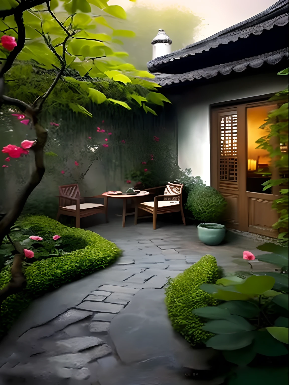 There is a small patio,There is a table and chairs inside, ceiling, Lush gardens, garden environment, courtyard, quiet and serene atmosphere, Garden setting, Lush chic garden, Lush garden setting, Beautiful garden, soothing and cozy landscape, plants and patio, sonoko, Beautiful terrace, cute style garden, garden at home, Peaceful environment, lush landscape,sun streaming in