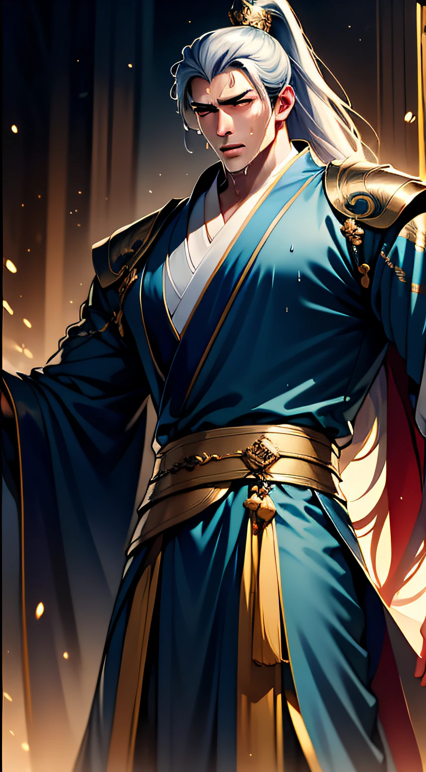 quadratic element,style of anime,mtu(Male strategist),musculature,The proportions are correct,Face details,Shawl hairstyle,perspired,Sweat on the face,drools,Neck details,There is an Adam's apple,Get wet,Drenched,Hanfu costume,kaftan,Embroidered robes,official clothes,clothes details,Handing over,longer sleeves,Game quality,Scholarly demeanor,Light and shadow tracking,Ray traching,detailed glow,cg render,hair detail,long white hair,Black eyes,Sweat on the face,handsome,Handsome,Beads of sweat slipped down my neck,(Sense of middle age),Clothing is complicated,Drenched,Get wet,Perfectcomposition,Refinement,high qulity,higher details,Lots of details,The background is complex,a sense of atmosphere,
