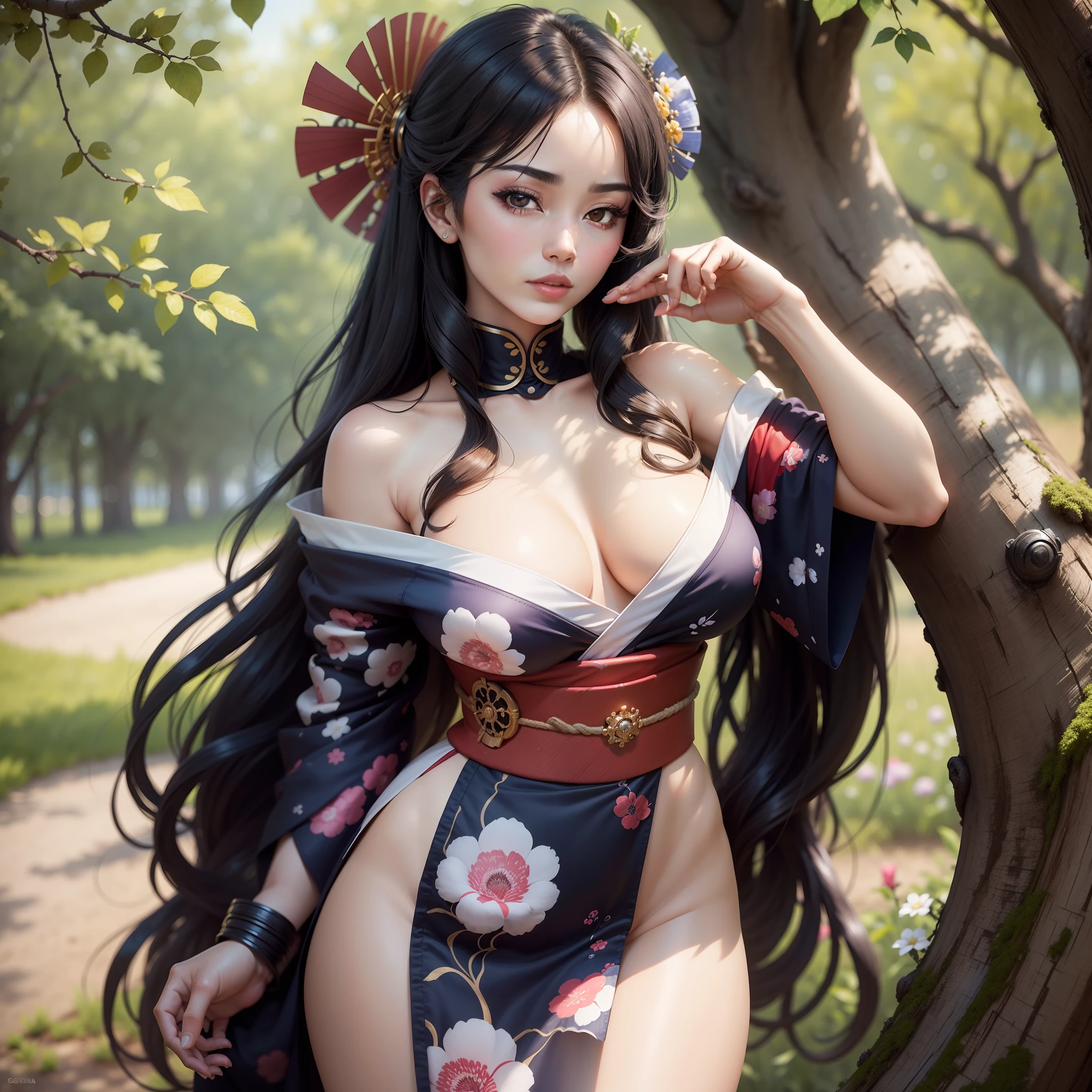 "((hiper-realista, fotorrealista, 8k, detalhes intrincados)) obra-prima, A beautiful geisha with flowing black hair, de pele sedosa, fleshy lips and full breasts, coxas grossas, usando um quimono sensual, is standing propped up in a tree in a beautiful field on a sunny day.