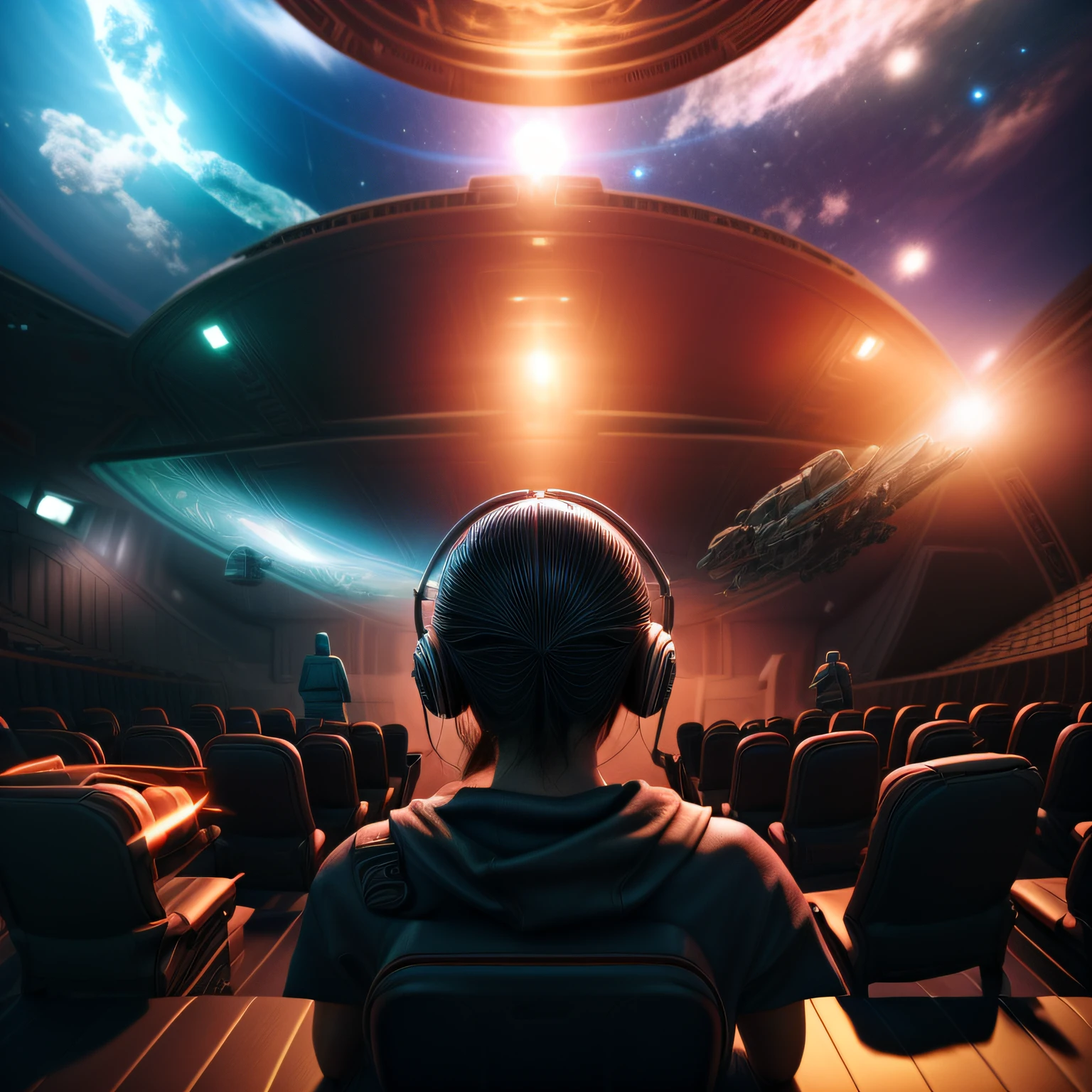 There's a woman sitting in a theater watching a movie, arte conceitual do metaverso, O metaverso criptografado, cinematic beeple, Realismo | Bipe, Bipe. hiper-realismoo, Mais fundo no metaverso vamos, em uma arena futurista, Hybrid style beep blend, 3 d render bipe, depicted as a scifi scene