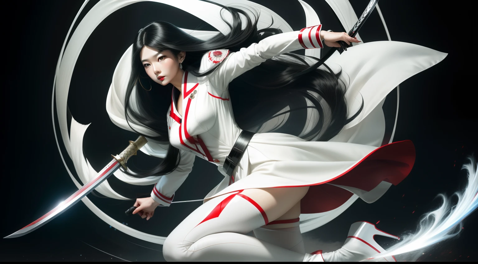 Beautiful woman in white coat、Long Black Hair、bangss、Princess Cut、Hair fluttering in the wind、red lipsticks、Female doctor with a Japan sword、Beautiful female doctor with Japan sword、30Beautiful Japan woman of her years、8K high-resolution photos、fullbody image、White tights、high-heels、