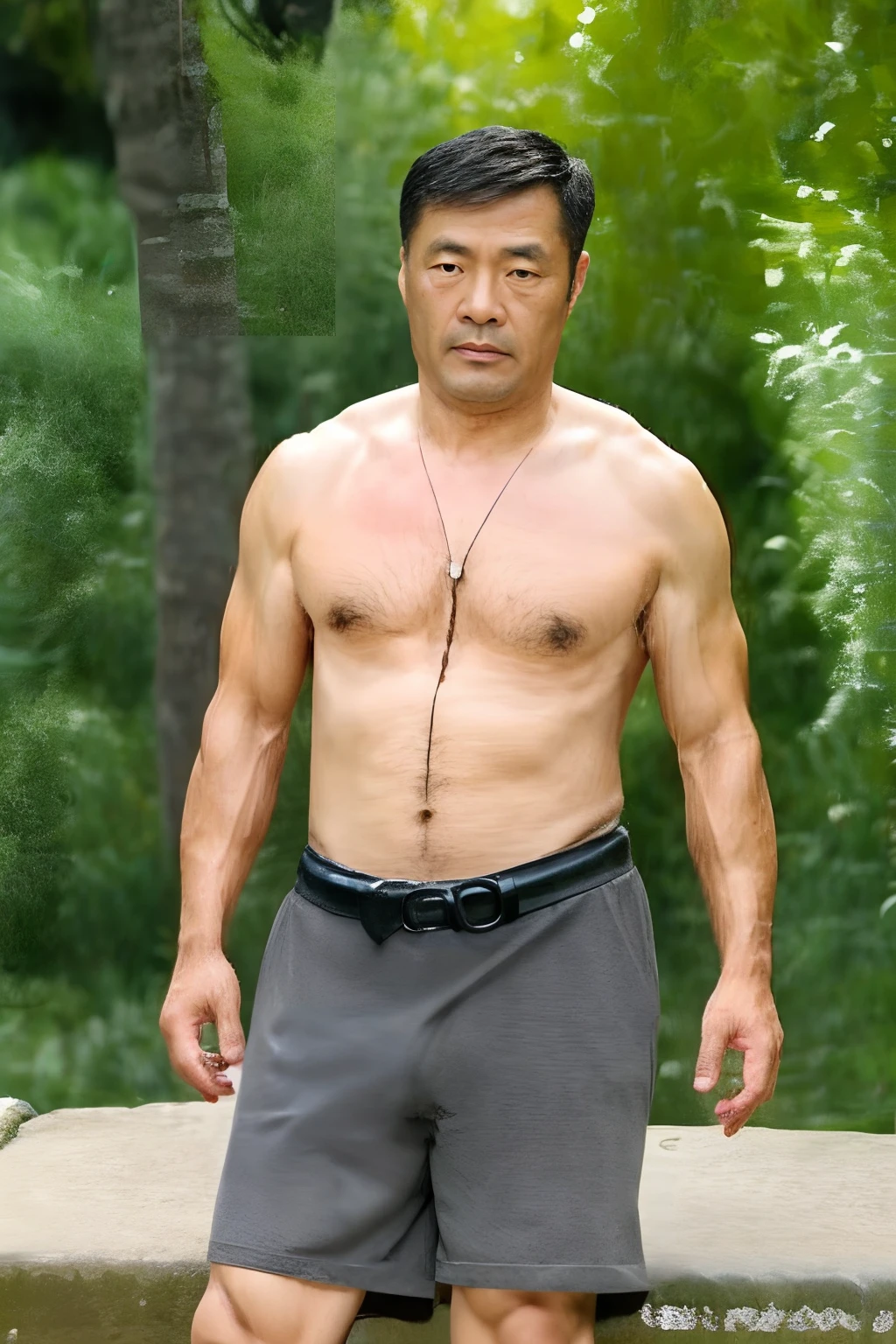 Uncle Shandong, A Chinese man of about 35 years old, Rough and handsome looks，Ultra-dense body hair，barechested, Big waist round, Chest hair，Abdominal hair，Sit by the river and wash your feet, vred, scowling, Masterpieces of the best quality, Get wet，sweat leggs，（musculous:1.5），（fatness:2），（Gray hair:1.5），（Gray body hair:1.5），（Skin Wrinkles:1.5），（gloss on the skin:0.5），