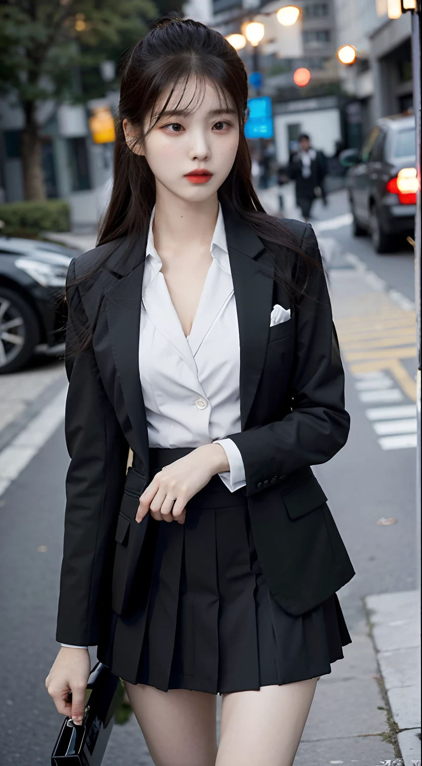 araffe woman in a black jacket and skirt walking down a street, girl in a suit, Girl in suit, dressed in a suit, wearing black suits, dressed in a suit, wearing a black blazer, In black suit, dressed in a suit, Elegant suit, Business suit, Business clothes, business outfit, wearing a strict business suit, stylish suit,realisticlying,realisticlying