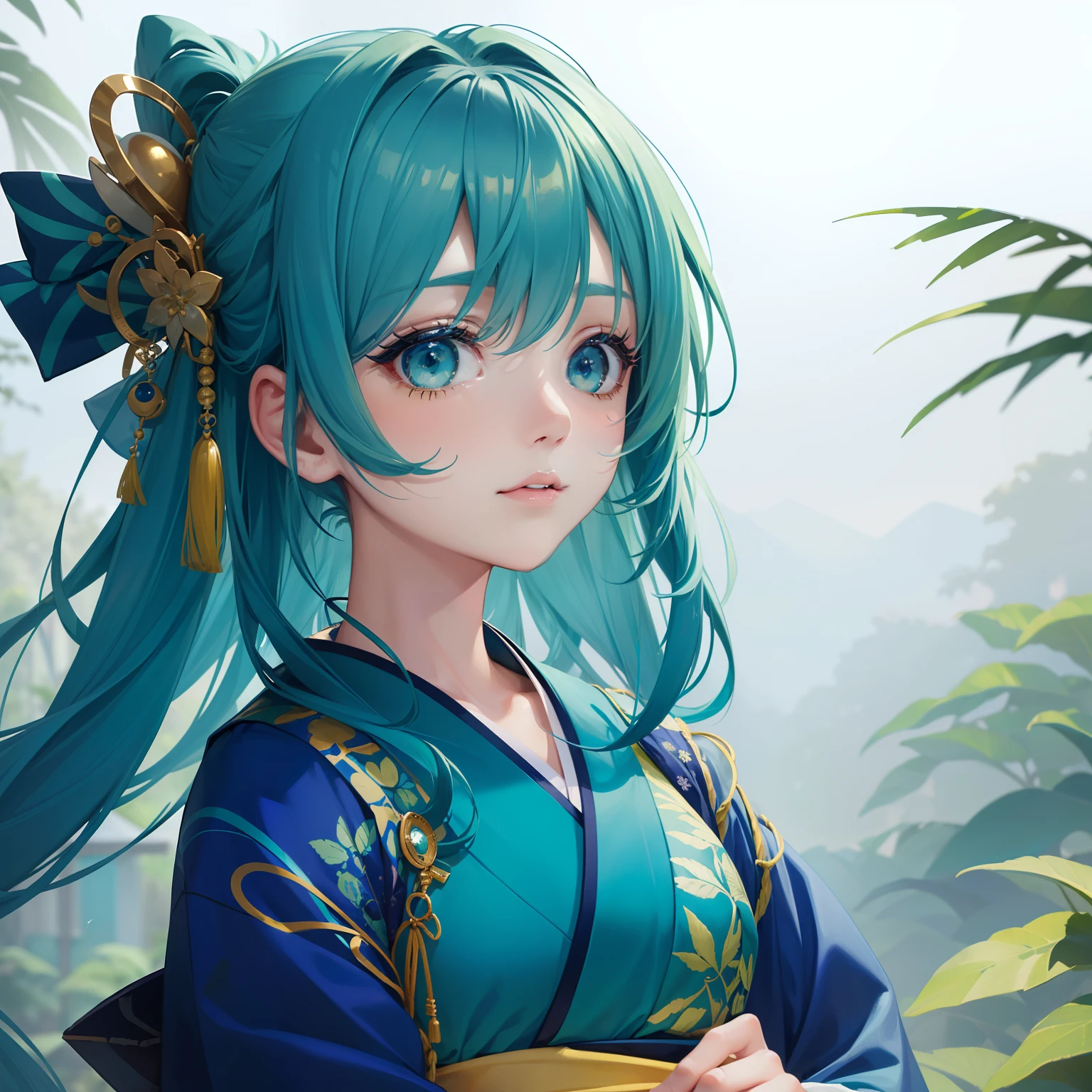 (Beautifully Aesthetic:1.2)、(1girl in:1.3)、(Blue and green colorful hair:1.2)、Wearing a colorful blue and yellow kimono、