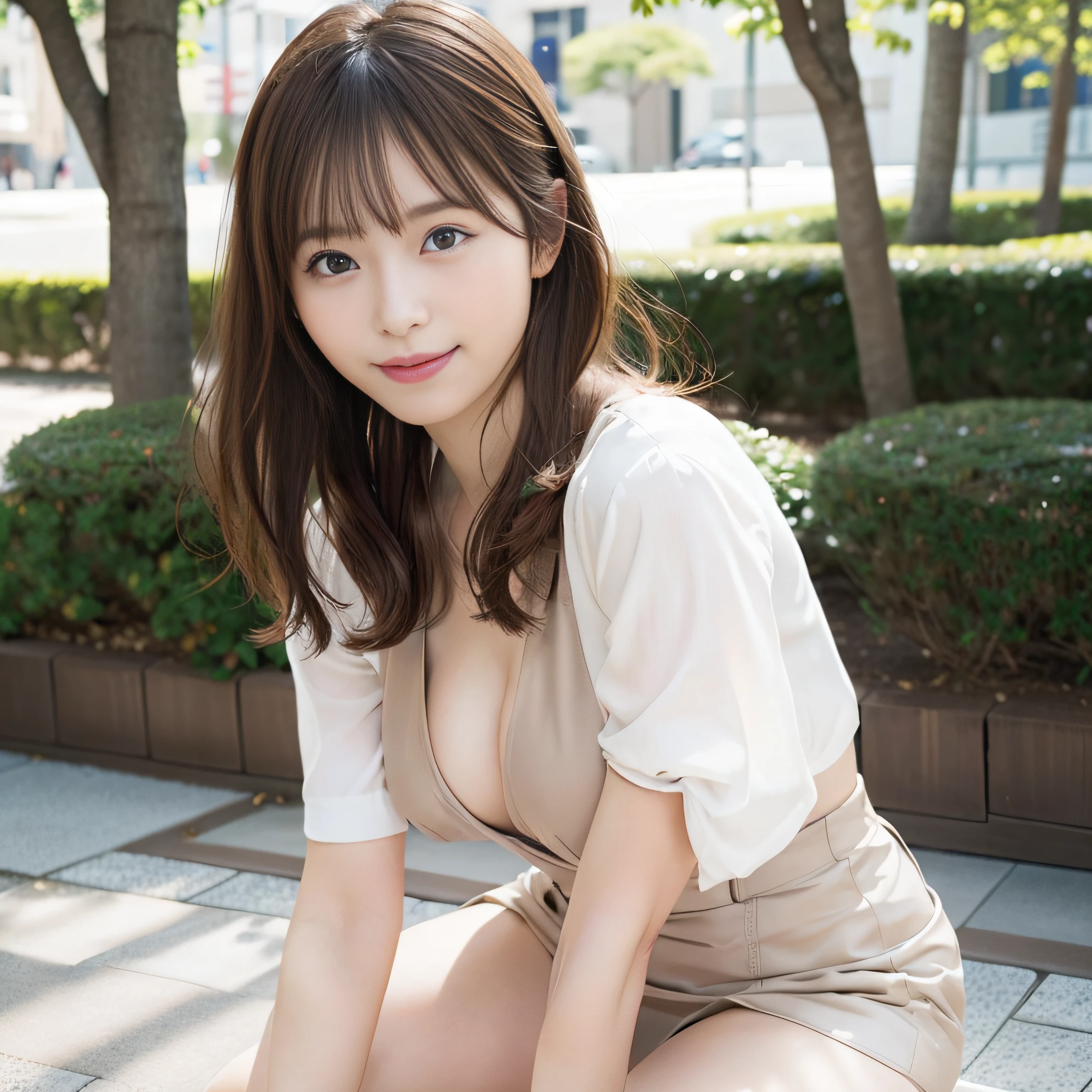 in 8K,Best Quality:1.4, 超A high resolution:1.5, (Photorealistic:1.4),masterpiece:1.2,(top-quality:1.4)、 Raw photo、 (From the knee up:1.8, From Side:0.7), (the background is blurred), a park,FULL BODYSHOT:1.4、 1日本人の女の子, Cute, (Solo), (Shy smile), Smooth skin、TThe shirt、Check miniskirt、 (Brown medium hair,Bangs), (touch hair:1.4)、nogizaka、cute little、Supple fingertips、Well-formed fingertips、Beautiful black eyes、natural skin textures:1.3, realistic eyes and face details:1.7、middlebreasts、Gravure Pose:1.1、Toned buttocks:1.2、gazing at viewer,thighs thighs thighs thighs、((dynamicposes)))、(camel's toe)、(panthyhose)