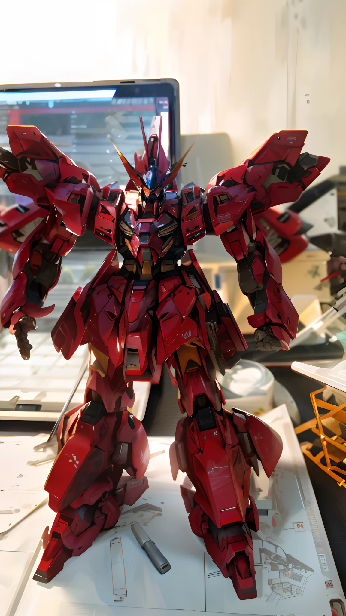 Close-up of a red robot holding a laptop on a table, sazabi, hyper detailed masterpiece, high quality masterpiece painted, GUNPLA, gundam is windmill shaped, gundam style, on a gundam, highly detailed toy, very very highly detailed, # Mecha, Highly detailed!!!!!!!, extra detailed body, 1 3 5 mm!!, ultra - detailed!!