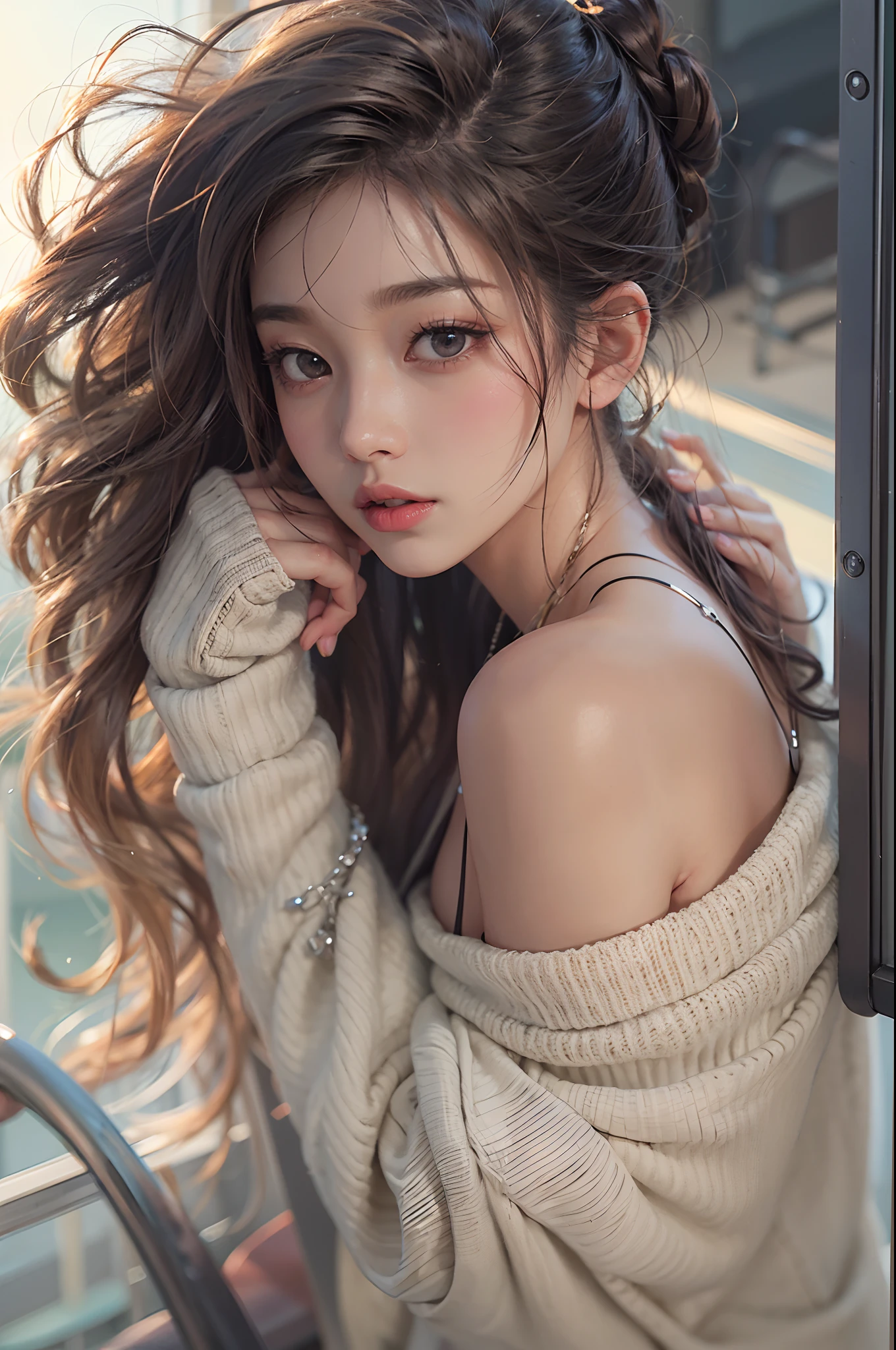 fanciful。one-girl，sitted，exposed bare shoulders，Detailed pubic hair（（（baggy）））whitesweater。big cleavage breasts，half-body portrait，（（Look into the distance）），stunningly beautiful，Blushlush，humble，desks，Duan，mano。The is very detailed。cinmatic lighting，Draped with hair