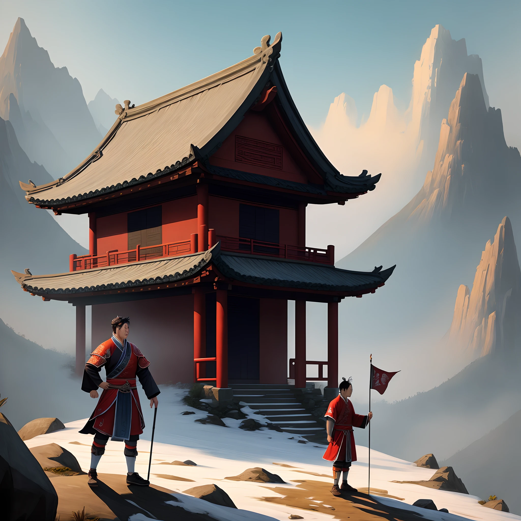 The champion Hou Huo went to the disease and stood on the Wolf House Mountain to worship the heavens，Behind him is the flag of the Han Dynasty waving