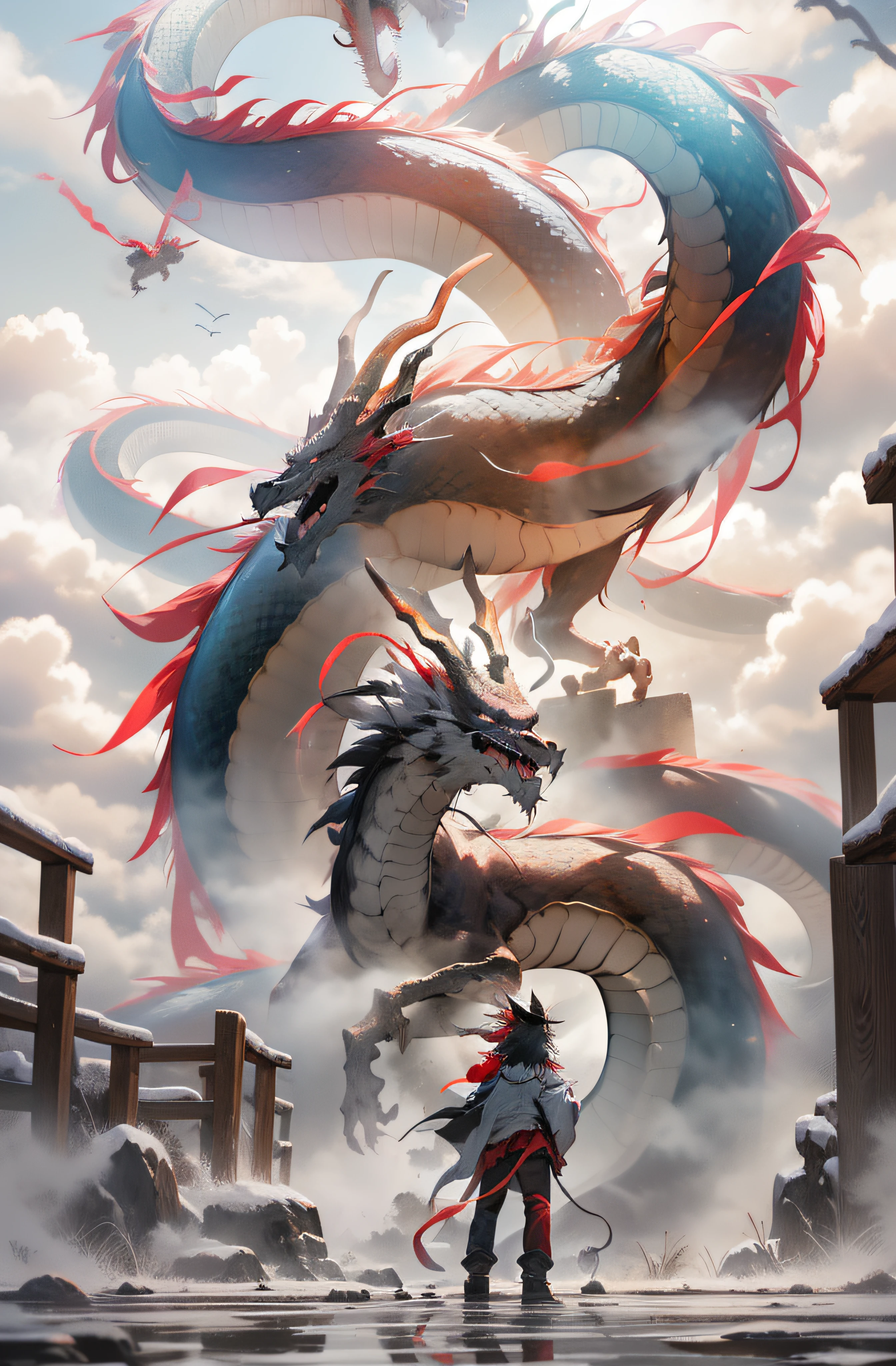 chinesedragon, dragon, letterboxed, holding, outdoors, bird, standing, cloud, 1boy, weapon, from behind, sky, cloudy sky, animal, holding weapon, eastern dragon, monster, 1other, hat, fog