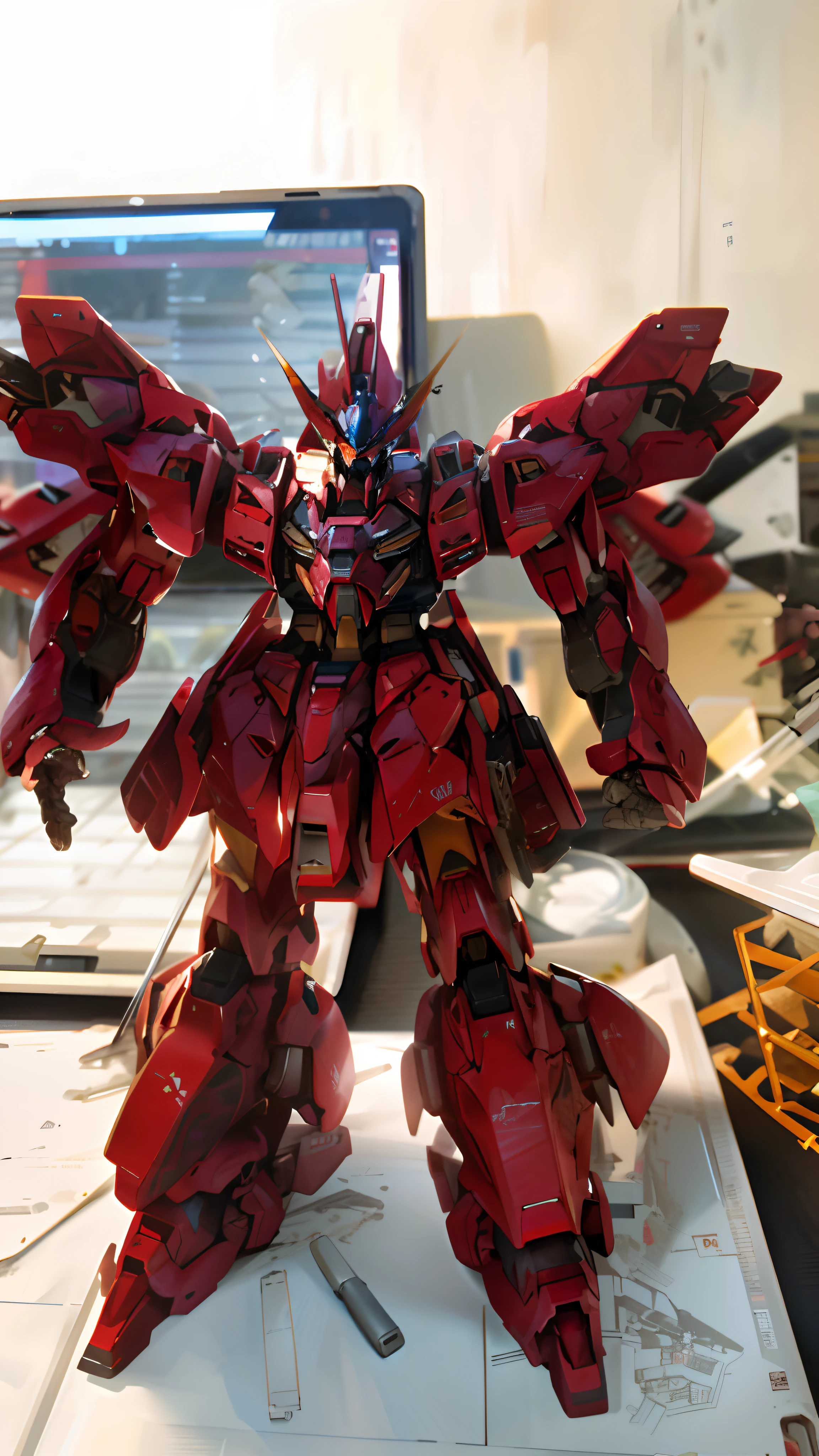 Close-up of a red robot holding a laptop on a table, sazabi, hyper detailed masterpiece, high quality masterpiece painted, GUNPLA, gundam is windmill shaped, gundam style, on a gundam, highly detailed toy, very very highly detailed, # Mecha, Highly detailed!!!!!!!, extra detailed body, 1 3 5 mm!!, ultra - detailed!!