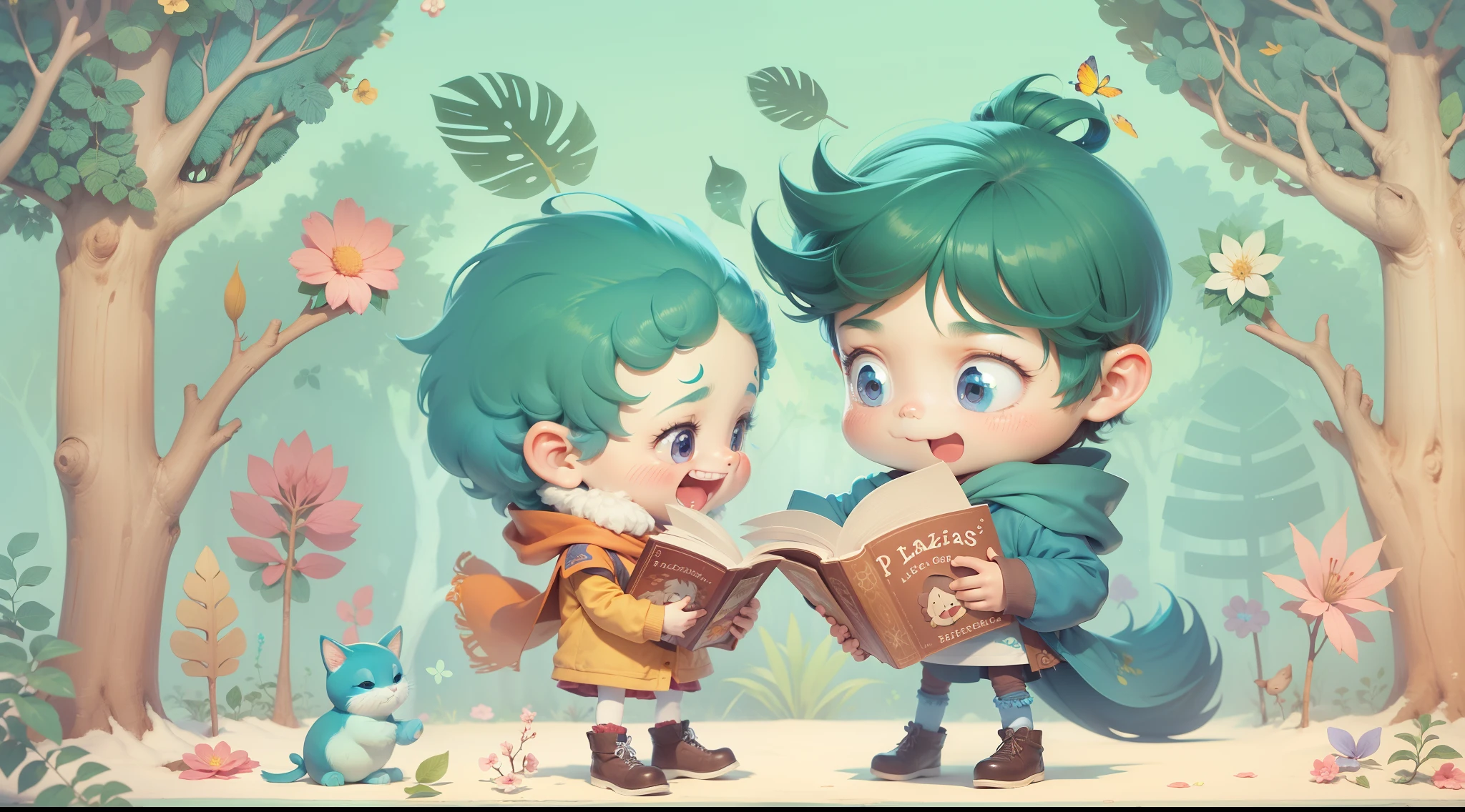 personagem infantil lindo, azul, com floresta, livros, amigos, felicidade, peludo, homem