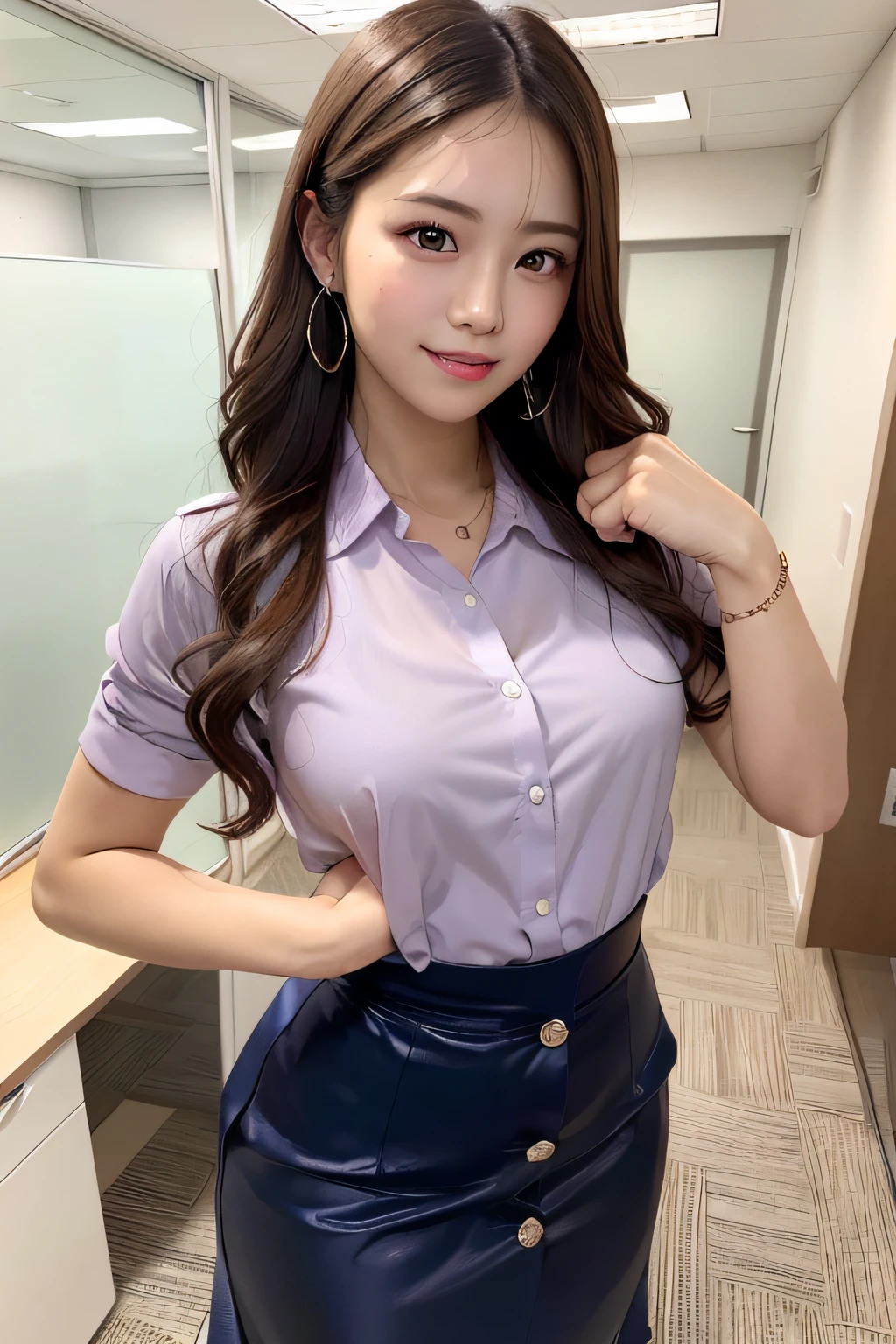 first-person-view, (masterpiece:1.3), high resolution, ultra detailed, extremely detailed CG unity 8k wallpaper, realistic, photo-realistic, RAW photo, beautiful detailed face, pale skin, realistic glistening skin, detailed cloth texture, detailed hair texture, Perfect body, Beautiful Face, accurate, Anatomically correct, Highly detailed face and skin texture, natural neck length, (beautiful hands), (fair skin:1.2), Thin legs, Thin feet, 
BREAK, 
Detailed eyes, symmetric eyes, Light Brown eyes, Double eyelids, Thin eyebrows, (Glossy lips:1.4), ((gently smile:1.2)), (blush:1.1),
BREAK, 
(A Classy and Cute girl:1.3), (wearing a classy (Light Purple) Button shirt:1.2), ((Navy) long irregular hem skirt:1.2), close the button, (long skirt), 
medium breasts, (slender figure:1.1), firm abs, beautiful clavicle, 
(Dark blonde hair, wavy hair, long hair:1.2), ((asymmetrical bangs:1.2)), 
BREAK, 
(Fighting pose at one hand:1.2), 
((in the modern office of Japan)), (Cowboy shot:1.2), looking at viewer, view from slightly below,