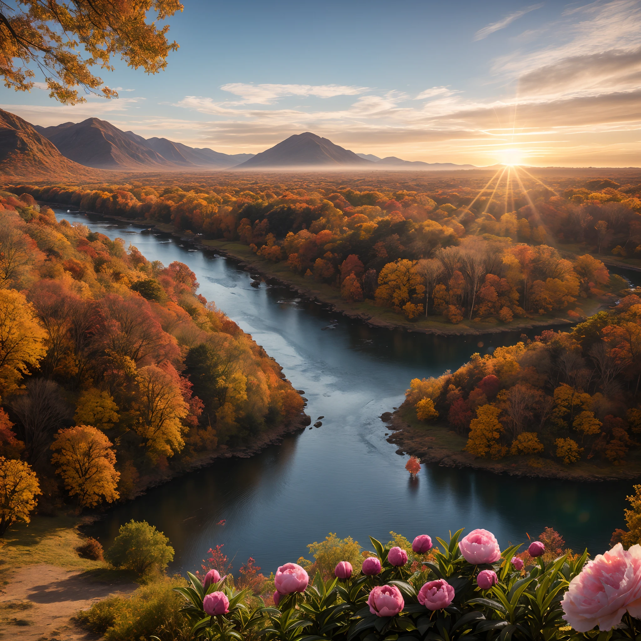 (autumn:1.3) ,sunrise,mountains and a wooden village on river, (Peony flowers on foreground), sunrays, lens flare, 4k highly detailed digital art, 8k hd wallpaper very detailed, impressive fantasy landscape, sci-fi fantasy desktop wallpaper, 4k detailed digital art, sci-fi fantasy wallpaper, epic dreamlike fantasy landscape, 4k hd matte digital painting, 8k stunning artwork,Realistic, realism, hd, 35mm photograph, 8k, dusty atmospheric haze, (natural colors, correct white balance, color correction, dehaze,clarity), realistic, detailed, balanced, by Trey Ratcliff, Klaus Herrmann, Serge Ramelli, Jimmy McIntyre, Elia Locardi,Realistic, realism, hd, 35mm photograph, 8k, RAW photo, full sharp, wallpapper 8k uhd, dslr, soft lighting, high quality, film grain, Fujifilm XT3