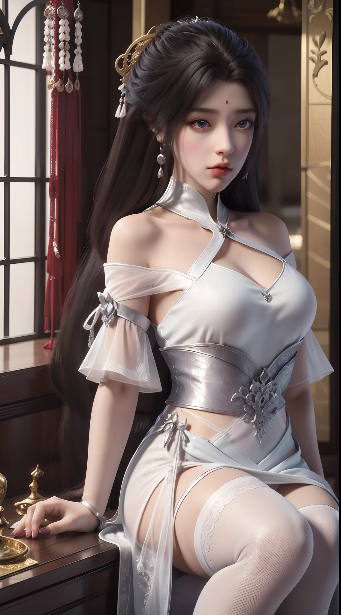 Arad woman in blue dress sitting on windowsill, cute anime waifu in a nice dress, trending on cgstation, 8K high quality detailed art, anime barbie in white stockings, highly detailed exquisite fanart, Extremely detailed Artgerm, the anime girl is crouching, flowing magical robe, beautiful and seductive anime woman, WLOP and Sakimichan