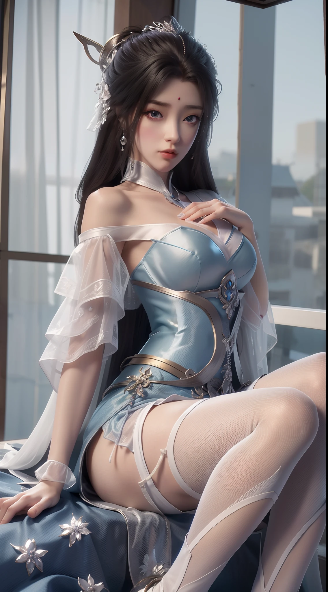 Arad woman in blue dress sitting on windowsill, cute anime waifu in a nice dress, trending on cgstation, 8K high quality detailed art, anime barbie in white stockings, highly detailed exquisite fanart, Extremely detailed Artgerm, the anime girl is crouching, flowing magical robe, beautiful and seductive anime woman, WLOP and Sakimichan