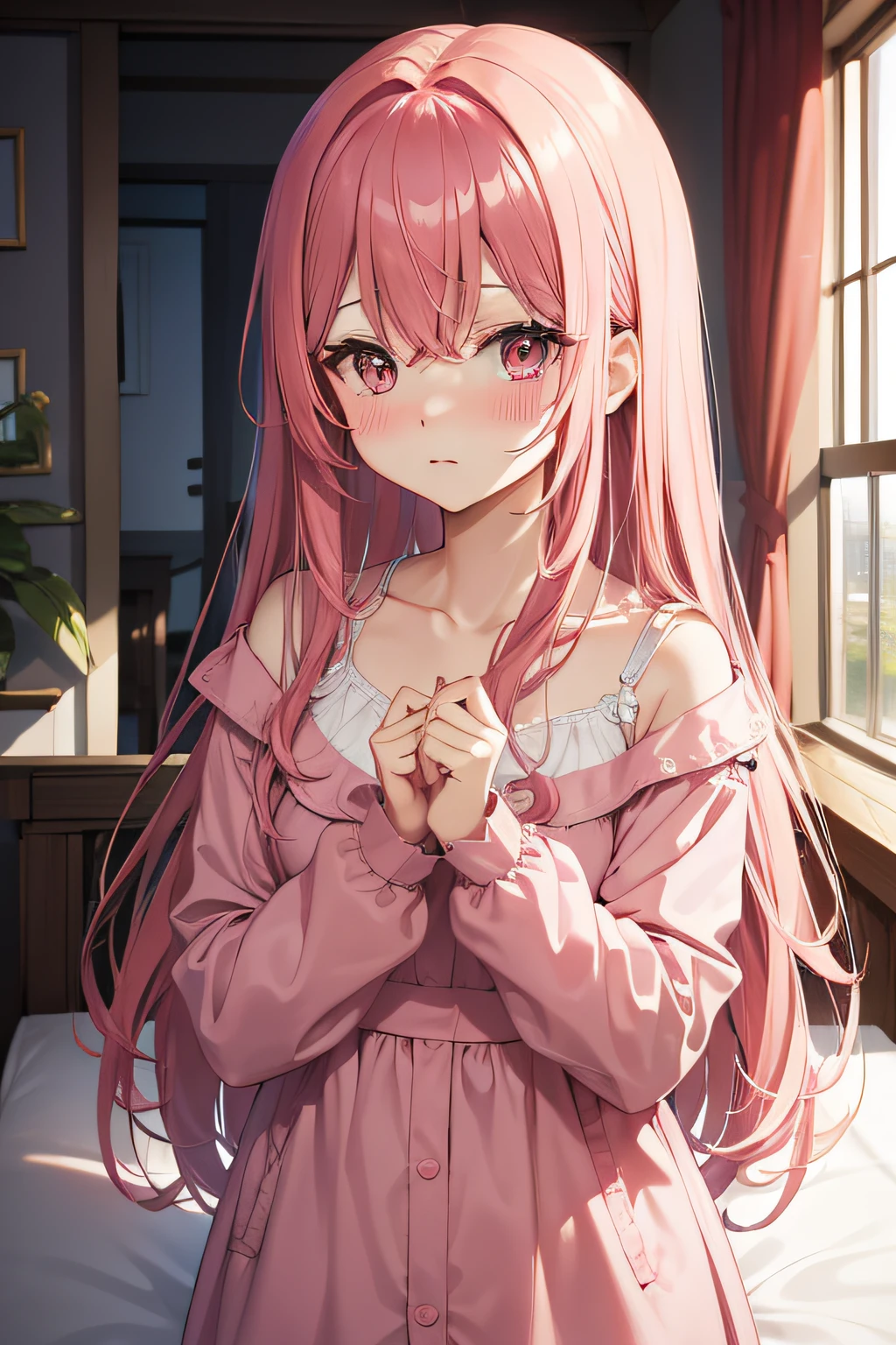 Ashamed、red blush、a bed、Pink hair、Near the face、The long-haired