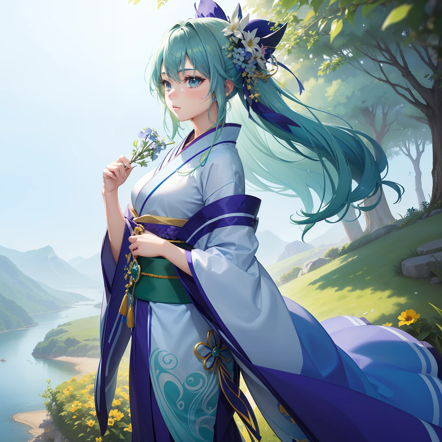(Beautifully Aesthetic:1.2)、(1girl in:1.3)、(Blue and green gradient hair:1.2)、Wearing a colorful kimono of blue and purple、Dayflower is blooming、zori、Fantastical、Serenade、
