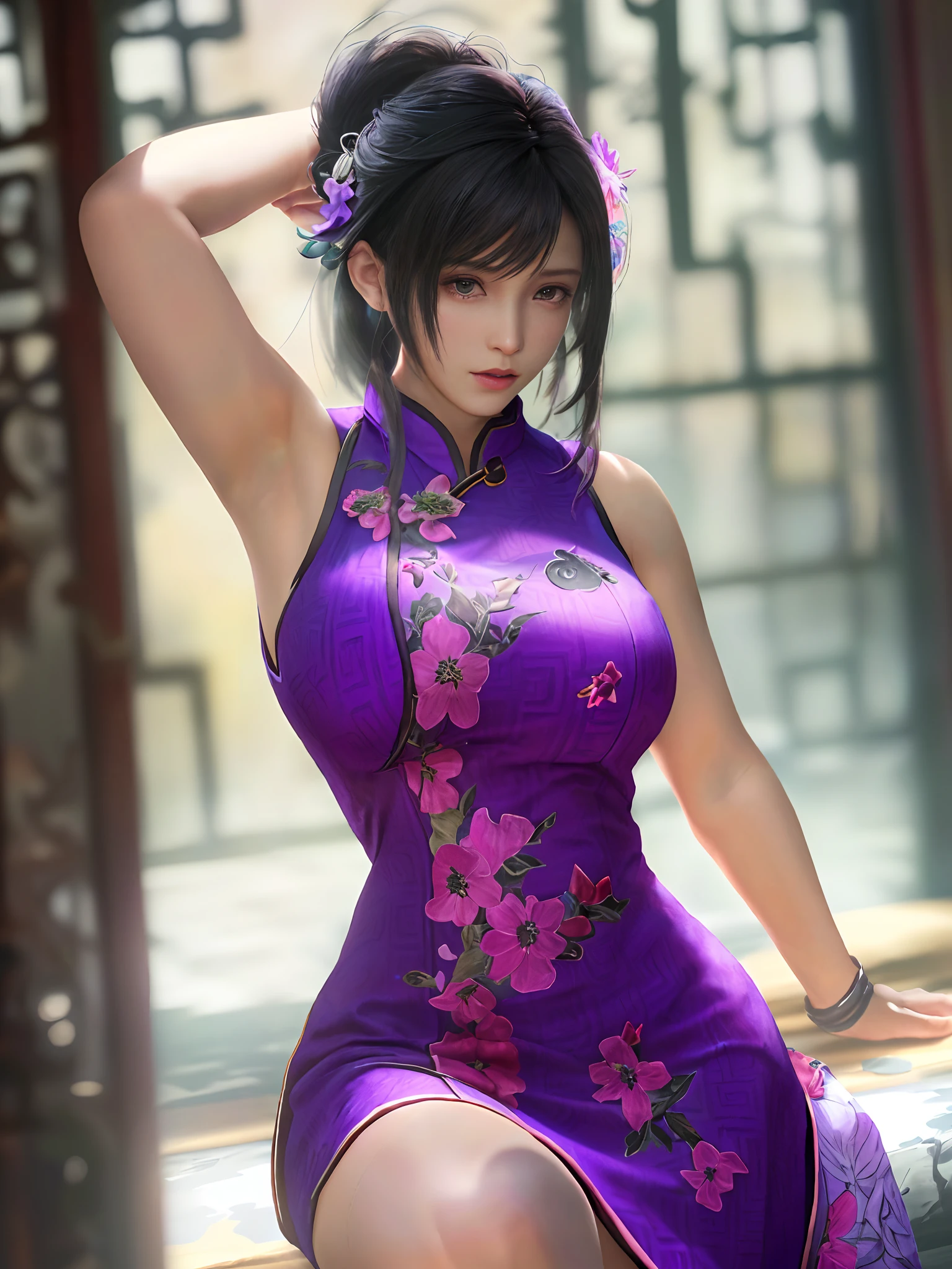 Beautiful Caucasian woman. Fitness body. Big round breasts. Just a woman. Alone. Western woman. Long hair with 1 braid. Purple hair. Bright purple eyes. Woman cosplaying as a kung fu fighter. She is wearing a traditional Chinese cheongsan dress in purple with a dragon print on the front. She is in a Chinese temple. The woman has a facial expression. Dynamic lighting. Dynamic shadows. High resolution.