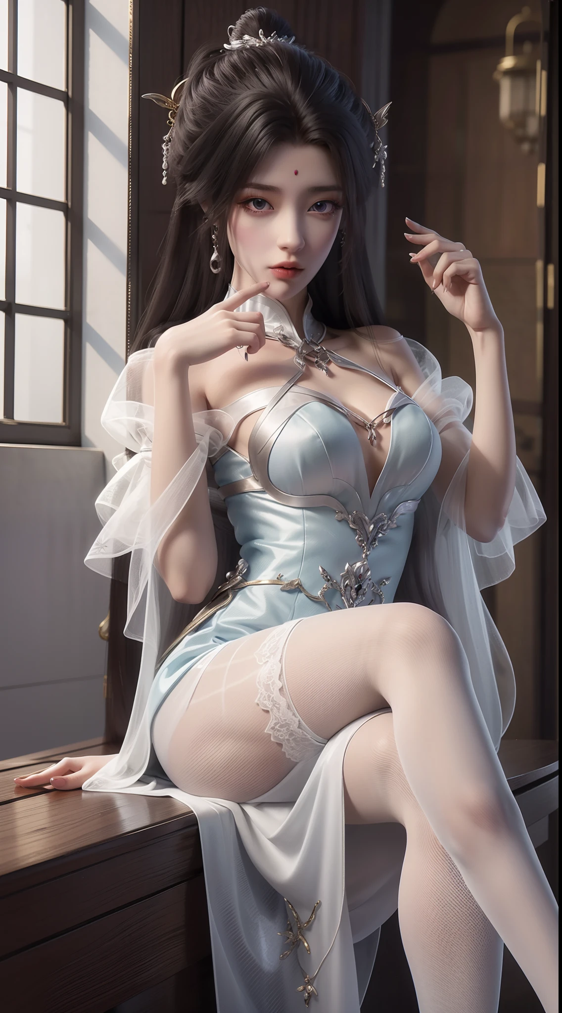 Arad woman in blue dress sitting on windowsill, cute anime waifu in a nice dress, trending on cgstation, 8K high quality detailed art, anime barbie in white stockings, highly detailed exquisite fanart, Extremely detailed Artgerm, the anime girl is crouching, flowing magical robe, beautiful and seductive anime woman, WLOP and Sakimichan