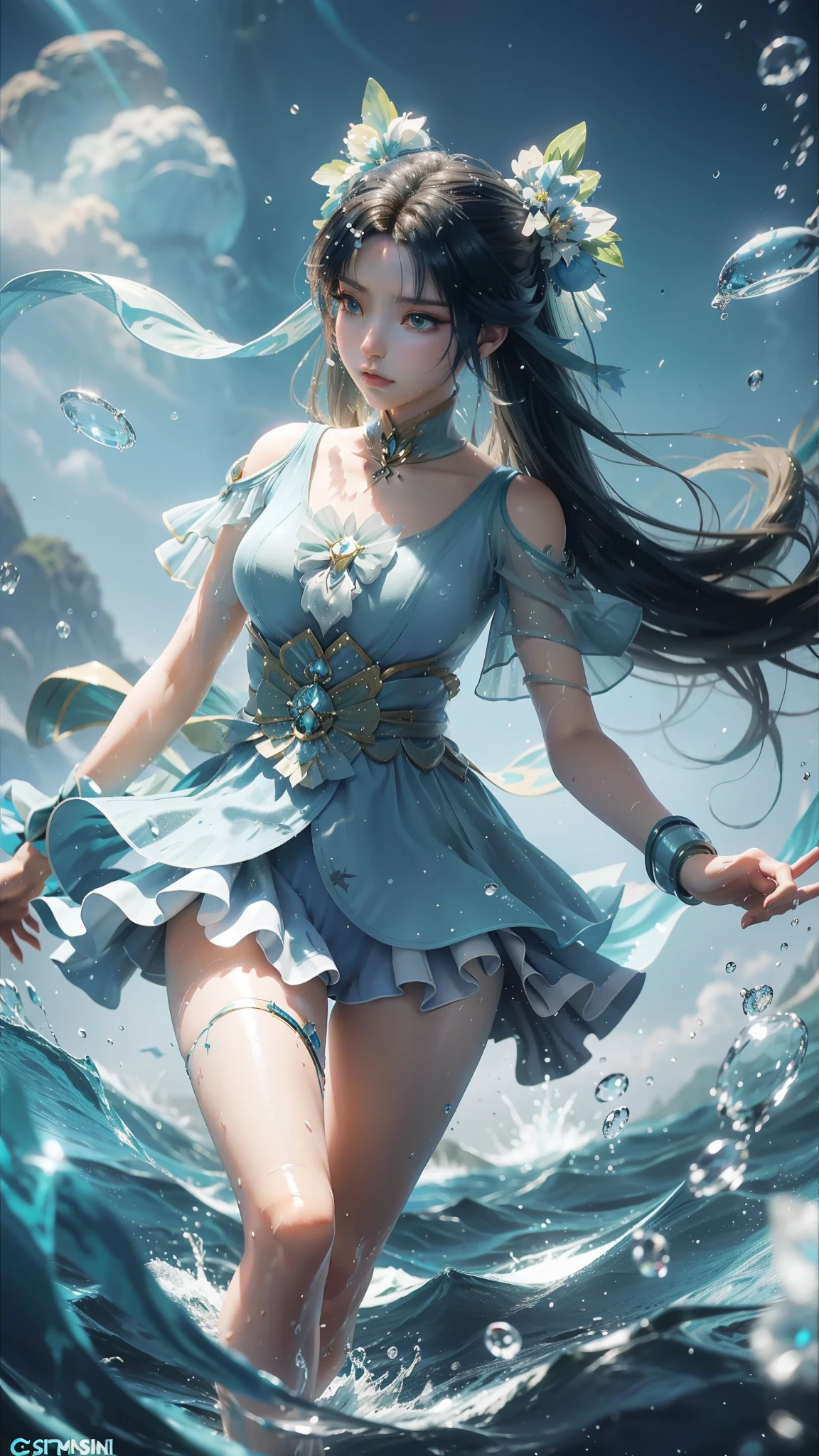 Arapei in a blue and white dress stood in the water, Anime girl walking on water, closeup fantasy with water magic, azur lane style, trending on cgstation, Anime girl cosplay, seraphine ahri kda, Splash art anime Loli, trending at cgstation, realistic water, water fairy, WLOP and Sakimichan