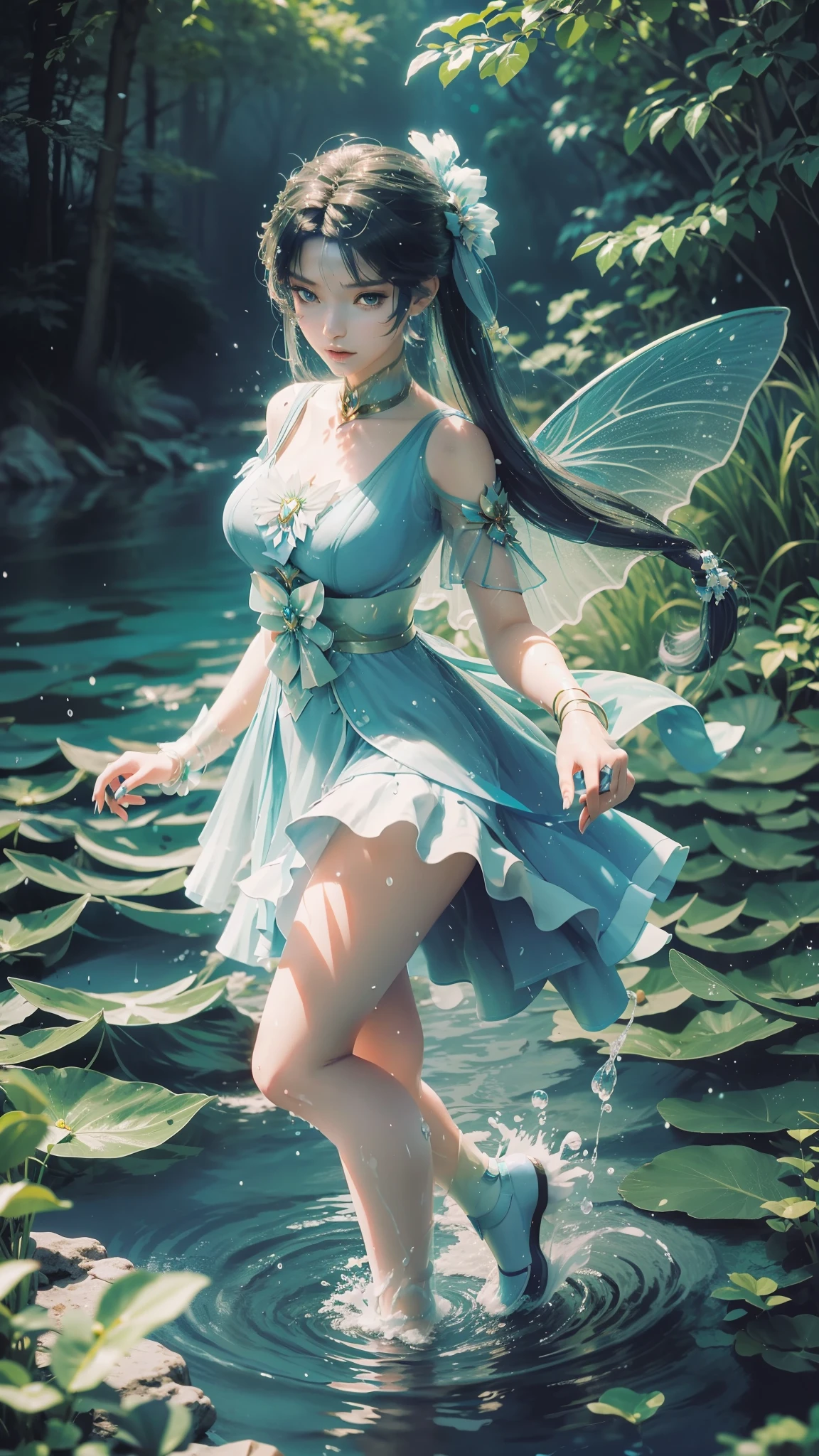 Arapei in a blue and white dress stood in the water, Anime girl walking on water, closeup fantasy with water magic, azur lane style, trending on cgstation, Anime girl cosplay, seraphine ahri kda, Splash art anime Loli, trending at cgstation, realistic water, water fairy, WLOP and Sakimichan