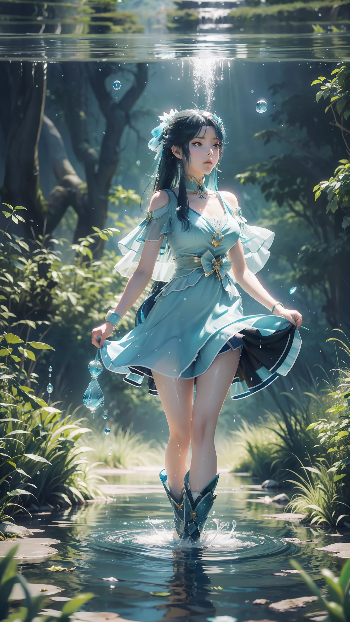 Arapei in a blue and white dress stood in the water, Anime girl walking on water, closeup fantasy with water magic, azur lane style, trending on cgstation, Anime girl cosplay, seraphine ahri kda, Splash art anime , trending at cgstation, realistic water, water fairy, WLOP and Sakimichan