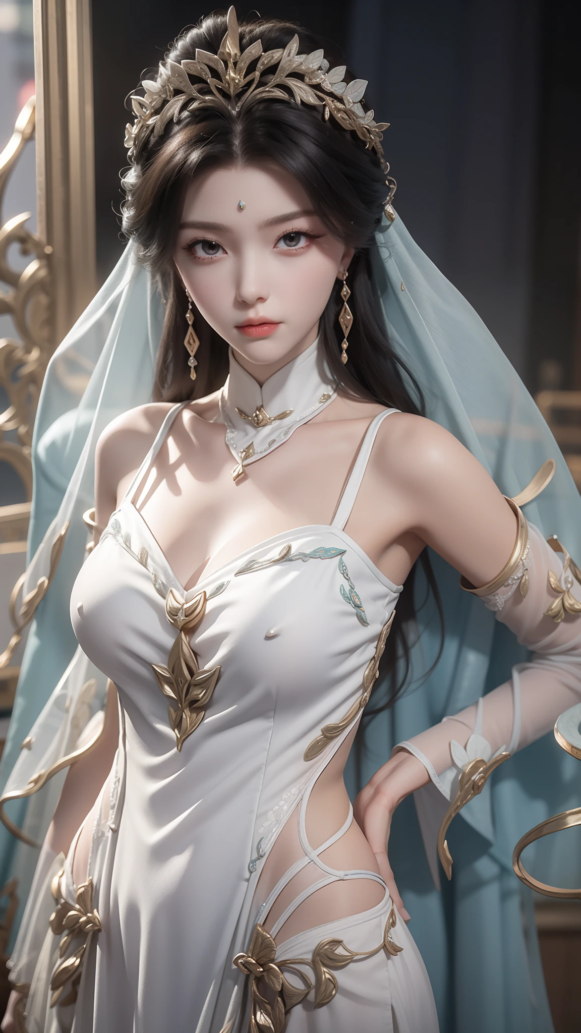 tmasterpiece,Best picture quality,HD 8K wallpaper,Beautiful picture,Elegant single woman,Round dress,Shiny eyes,Detail at its best,An exquisite masterpiece,Pure beauty and lightness,Moderately aesthetic,Gentle and elegant,Attention to detail,Cyan white lace round princess dress,Immortal