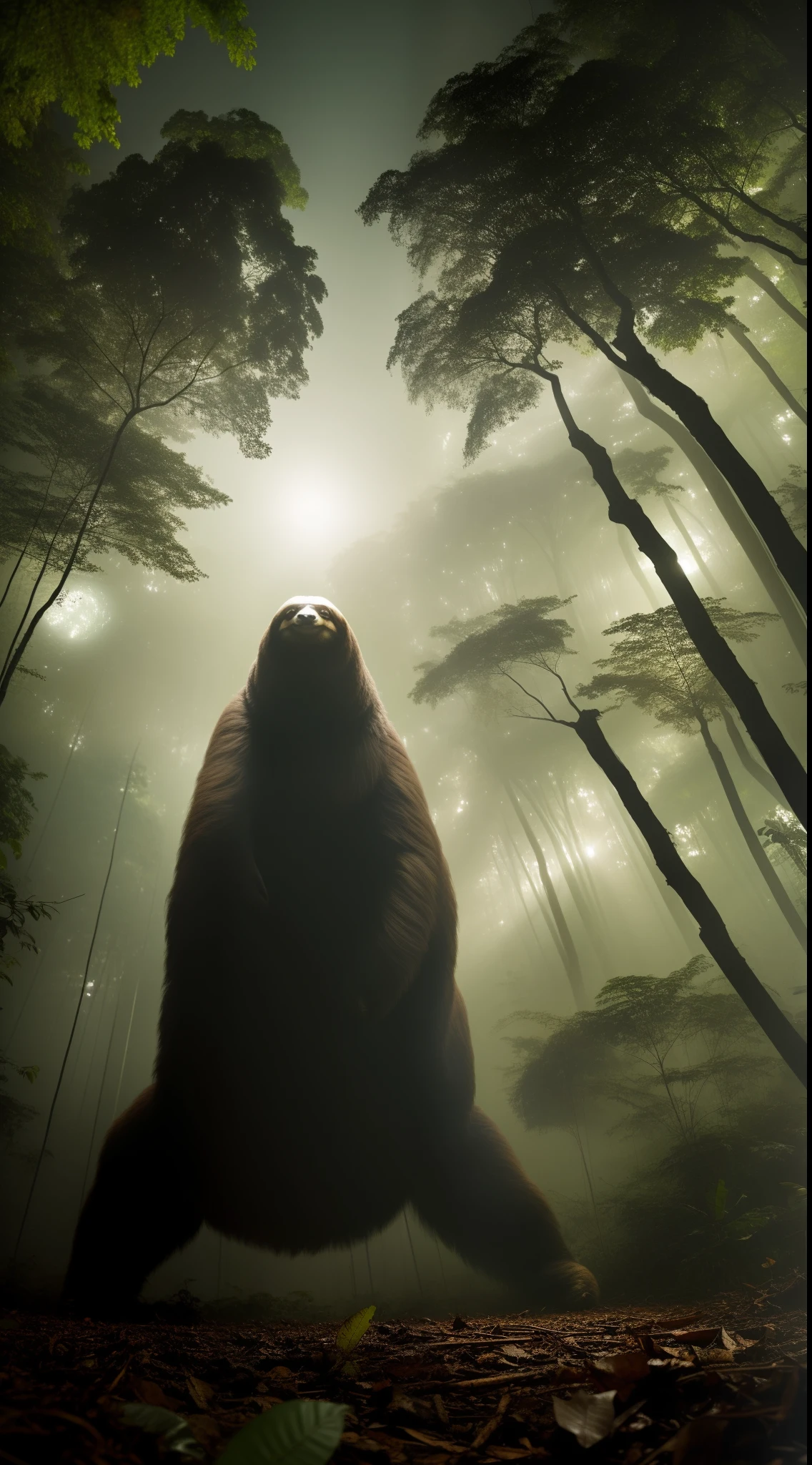 Giant sloth standing on the ground of dirt and leaves, In the middle of the Amazon rainforest at night. noite de lua cheia. Garras com forte, Solid nails. Darkness through the trees. Horror lighting. Realistic image. imagem de corpo inteiro