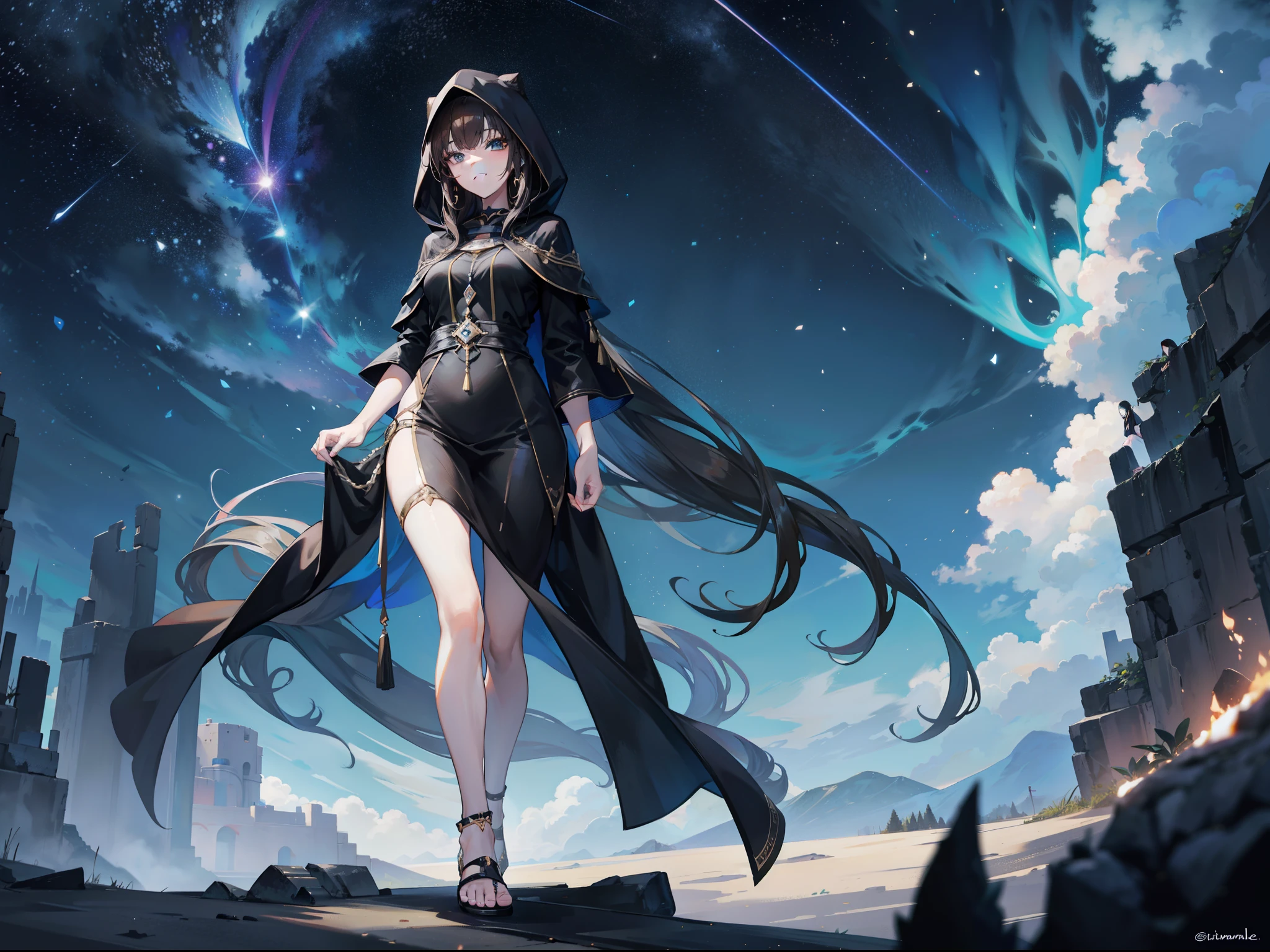 Brunette beauty,Tall and tall,Wears a black hooded tunic,Bare legged,Black sandals,Stand under the stars,The background is wild,With a smile
