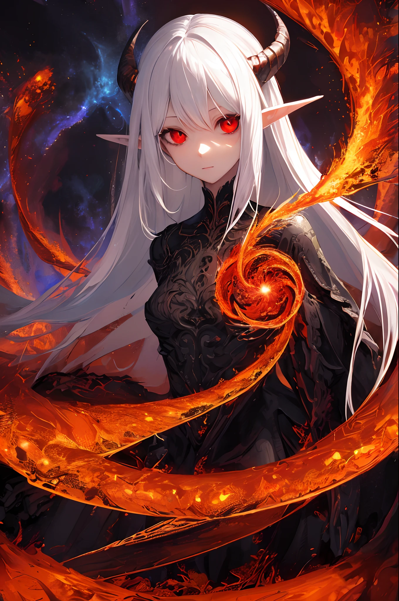 masterpiece, best quality, ultra-detailed, absurdres, colorful, 1girl, solo, (solid red eyes:1.0), (white hair, long hair, straight hair, hair over one eye:1.0), detailed eyes, wide-eyed, eyelashes, (upper body:0.8), monster girl, side view, glowing eyes, tilted head, night, black suit, pointy ears, horror, dark, black background, looking at viewer, crown, high contrast, backlighting, (standing:0.8), aura, fractal background, chaotic, spiral, demon horns, energy, mosaic, inferno