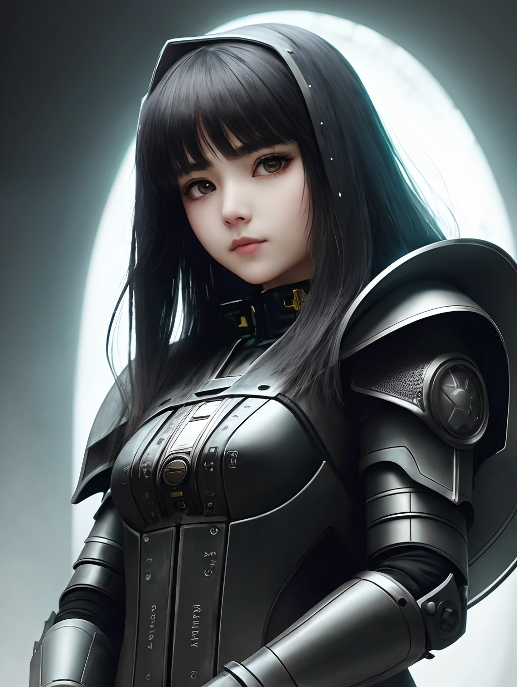 Detailed Ghotic Medieval portrait of cyberpunk style , futuristic (neon :1.1) reflective wear, sci-fi, robot parts, gold parts, machine face cinematic light, reflections, polished ef 50mm, ((art by Greg Rutkowsky)), (studio ghibli:1.1), artgern, art, illustration, ((dark atmosphere)), ((vegnette)), ((minimal palette colors)), soothing tones, muted colors, dim, calm colors, pastel colors highly details, intricate details, full body, Girl 1 young 18 years old Woman、Chommage　Japan people、40 generations、young 18 years old