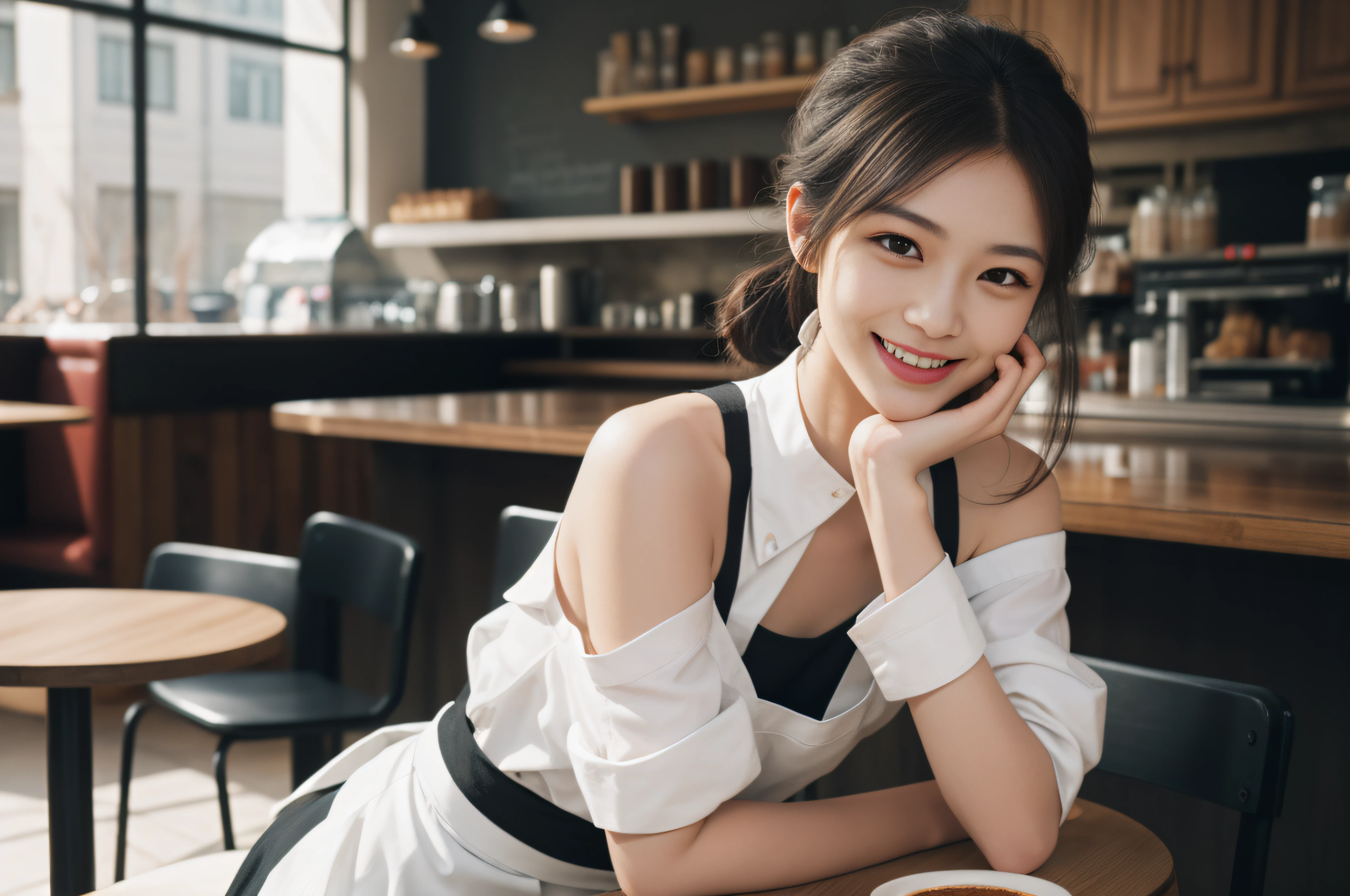 (filmgrain:1.4),(Fuji colors:1.2), No makeup,Clear pores,1 cute Japanese girl, 26 year old, solo, Extremely detailed eye clarity,Detailed skins,Realistic skin texture,Real skin texture,Highly Detailed Face and Skin Textur,(D cup,broad shoulder,Small round buttocks,Small head, Slender thighs, Slender calves, Wear a white shirt, Collar, Black suit skirt, apron), (cabelos preto e longos/Hippie fever/Hair tied), (Laughing heartily),(In the café, Cafe waitress, Round tray), 真实感:1.3,Dynamic shots:1.2, Large close-up of the girl's face, Ultra photo realsisim,Photo realism,Add noise:1.5, Doji diffraction, Action:0.6,