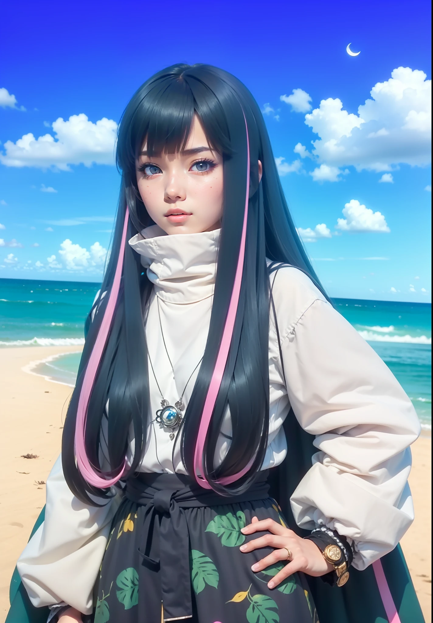 A real Life adaption of this character,her name is Eida from anime boruto ,hyper realistic ,very detailed hair, high resolution, photorealistic, Japanese girl ,very detailed,The pupils of the eyes are shine blue in the shape of a crescent moon, long hair shine blue color with a bit pink