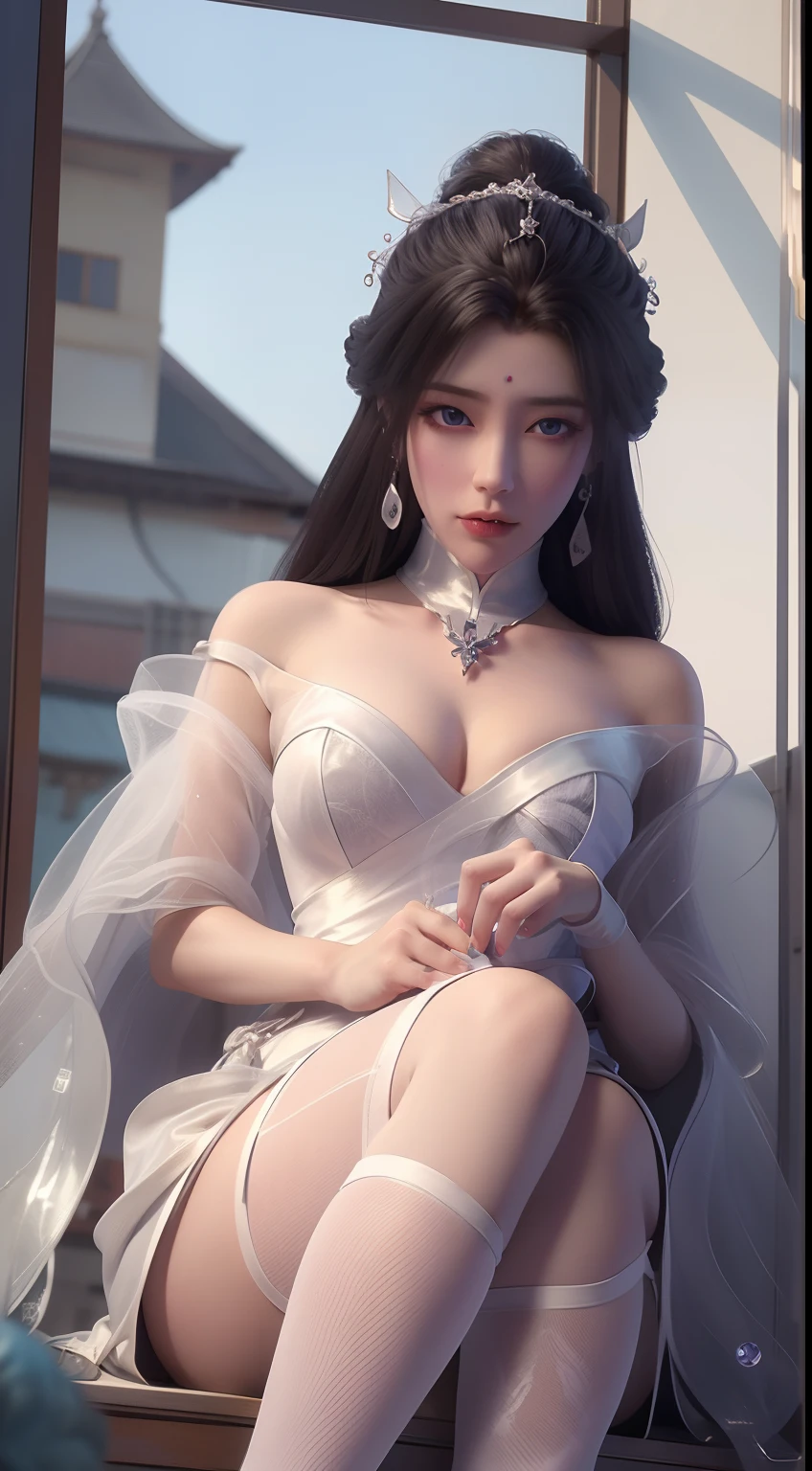 Arad woman in blue dress sitting on windowsill, cute anime waifu in a nice dress, trending on cgstation, 8K high quality detailed art, anime barbie in white stockings, highly detailed exquisite fanart, Extremely detailed Artgerm, the anime girl is crouching, flowing magical robe, beautiful and seductive anime woman, WLOP and Sakimichan