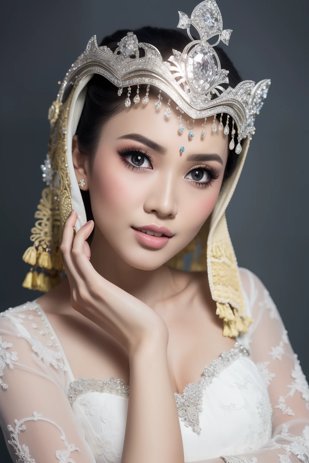 close up of beautiful woman, a sweet mouth, delicate lips, seductive lips, light on the face, dynamic pose, hide hands, pengantin_sunda. Ultra detailed, 8K, HDR, Octane Render, Redshift, Unreal Engine 5. Professionally color graded, atmosphere, amazing depth, rich colors, powerful imagery, psychedelic overtones, 4K, 8K.