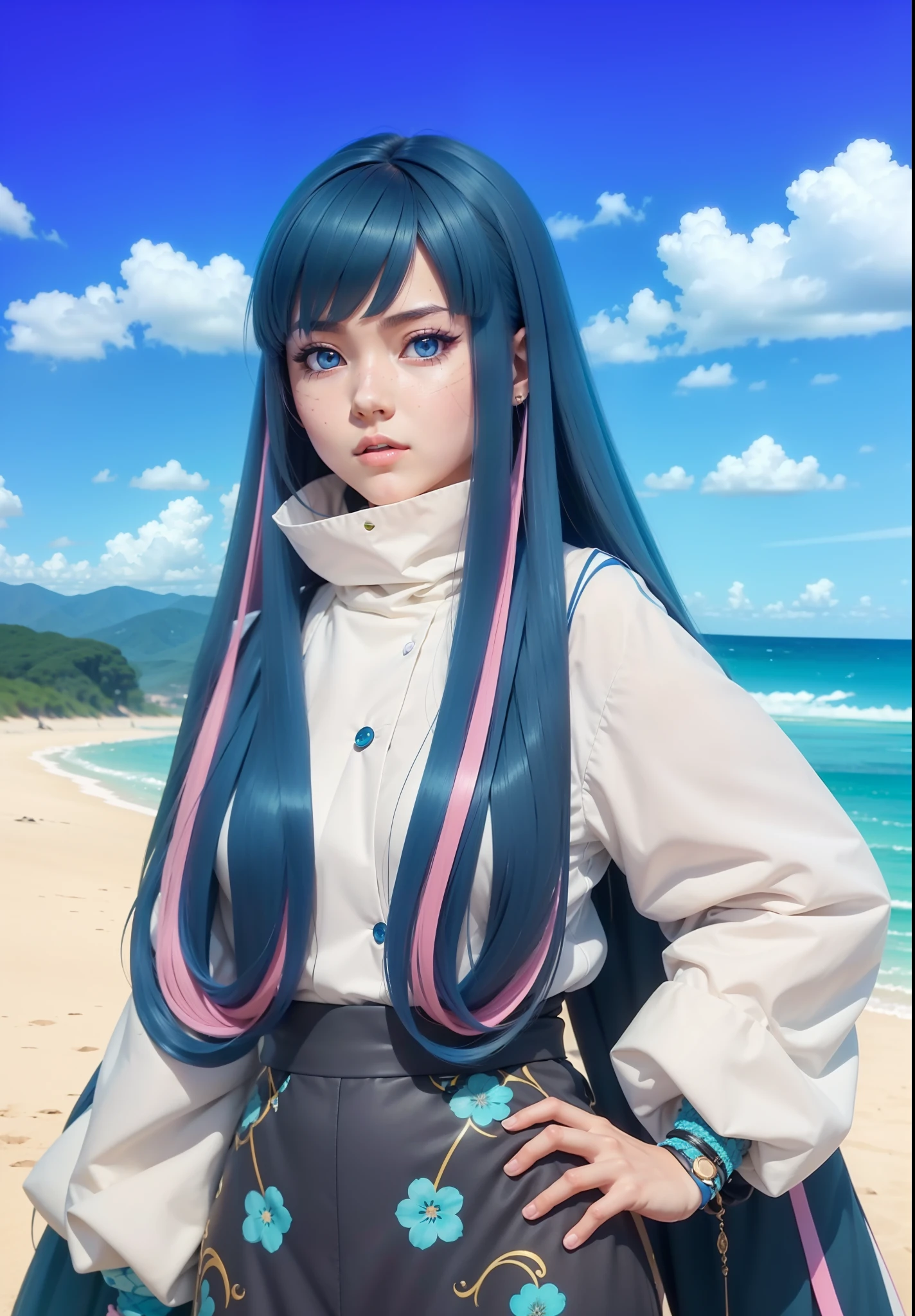 A real Life adaption of this character,her name is Eida from anime boruto ,hyper realistic ,very detailed hair, high resolution, photorealistic, Japanese girl teen ,very detailed,detailed shine blue light eyes color, detailed long hair shine blue color with a bit pink