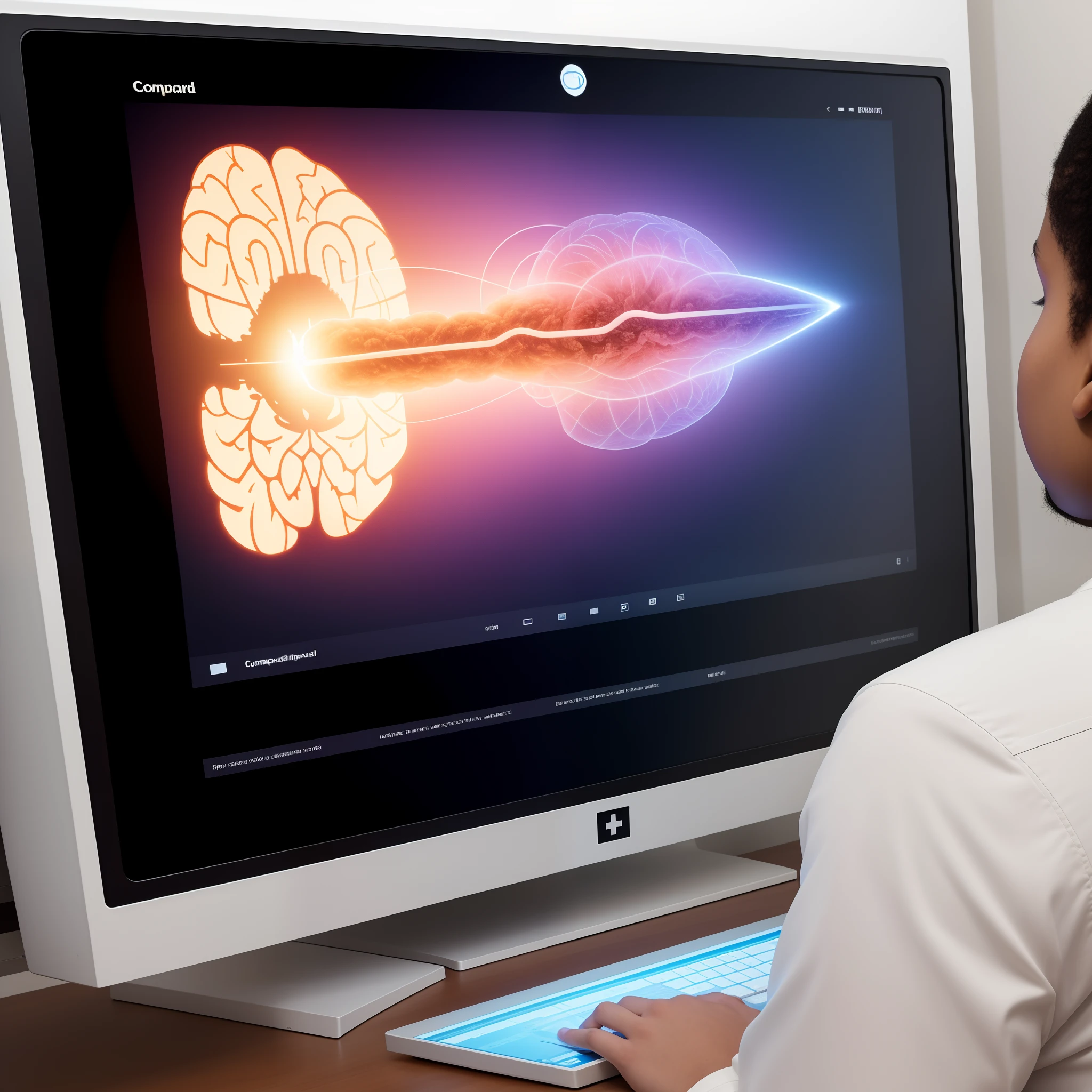 A person seeing the computer and the computer image being processed in the brain