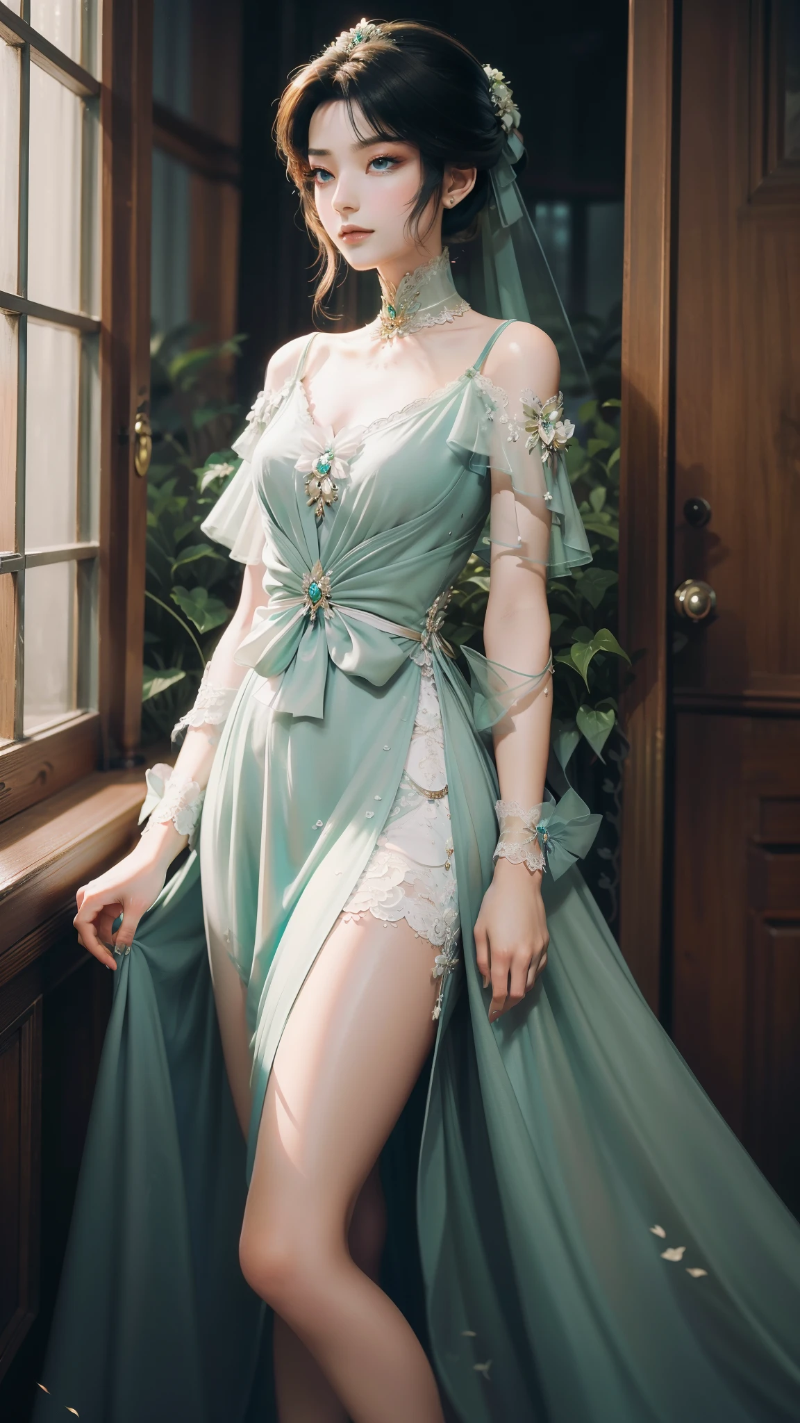 tmasterpiece,Best picture quality,HD 8K wallpaper,Beautiful picture,Elegant single woman,Round dress,Shiny eyes,Detail at its best,An exquisite masterpiece,Pure beauty and lightness,Moderately aesthetic,Gentle and elegant,Attention to detail,Cyan white lace round princess dress,Immortal