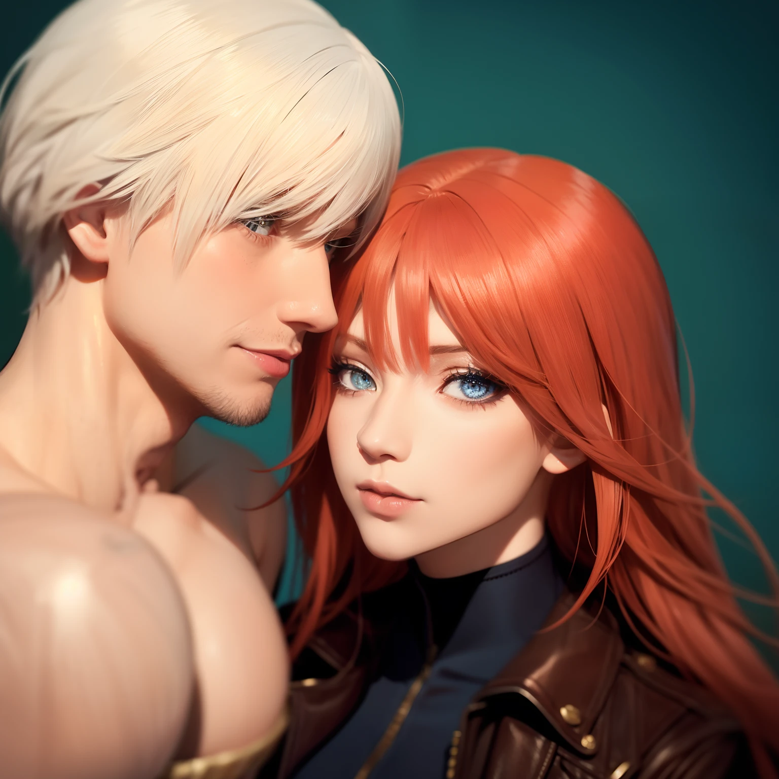 Couple 1 Woman with red hair and orange eyes with 1 man with medium white hair and blue eyes and